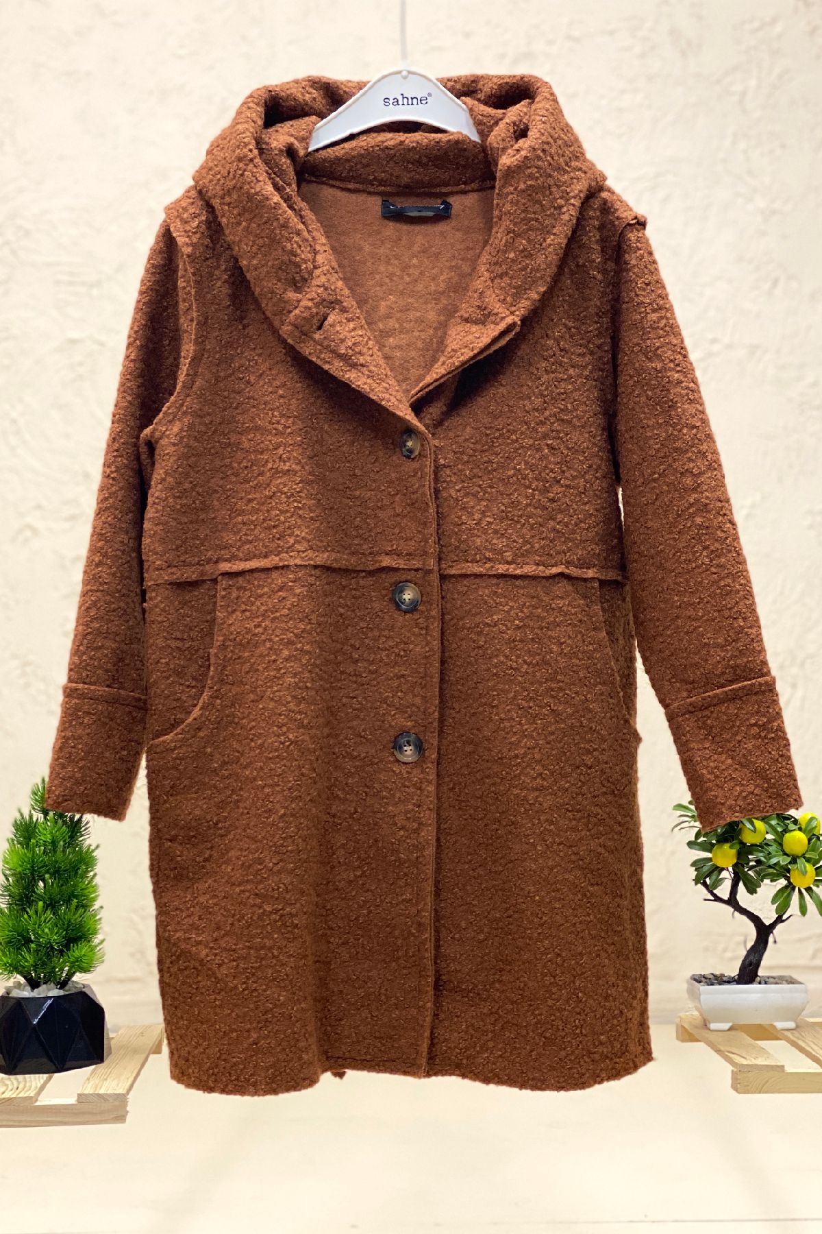 Buttoned Shawl Collar Hooded Felt Coat