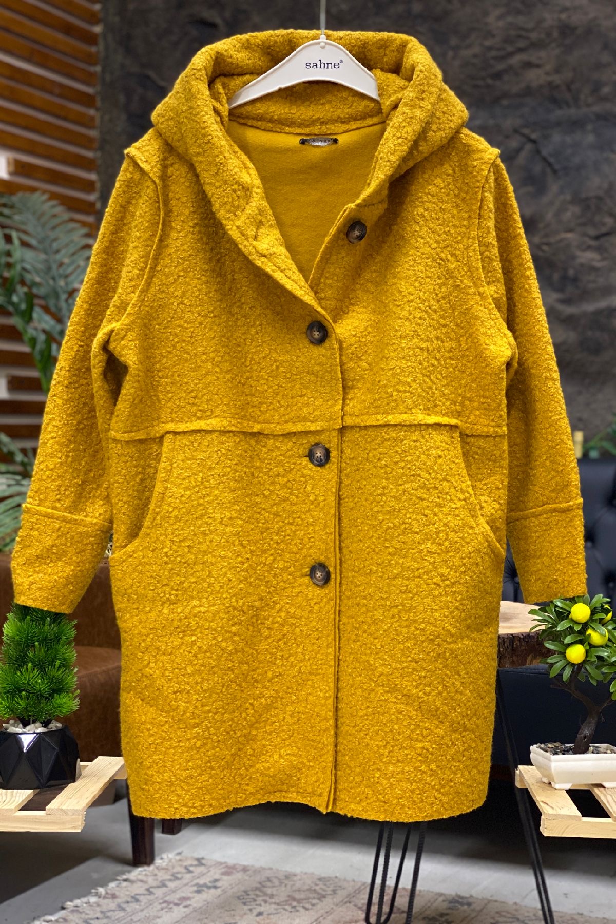 Buttoned Shawl Collar Hooded Felt Coat