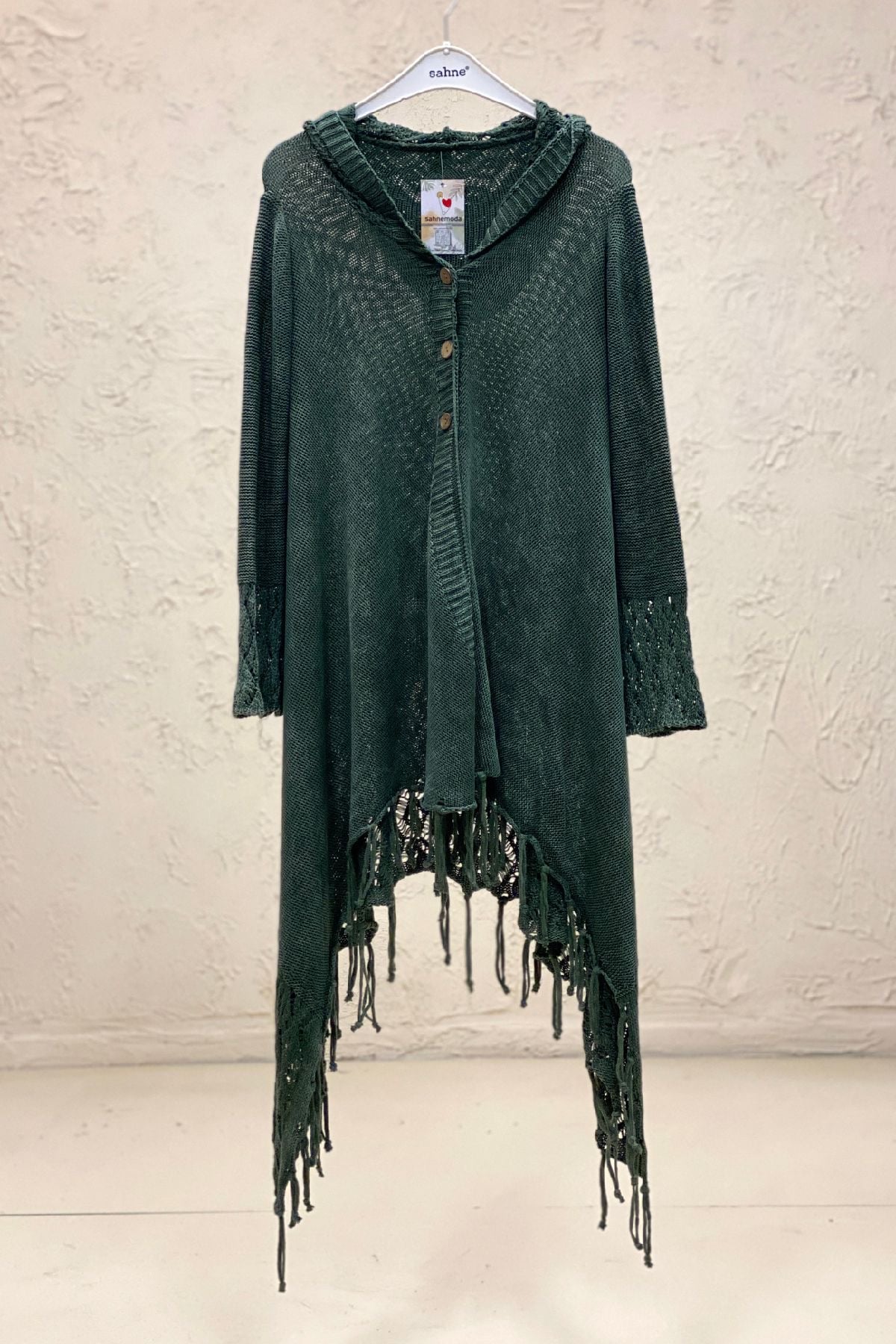 Hooded Skirt Tasseled Openwork Cotton Cardigan