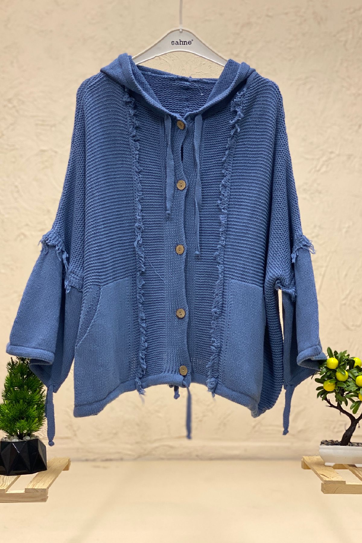 Hooded Tassel Button Bat Cardigan