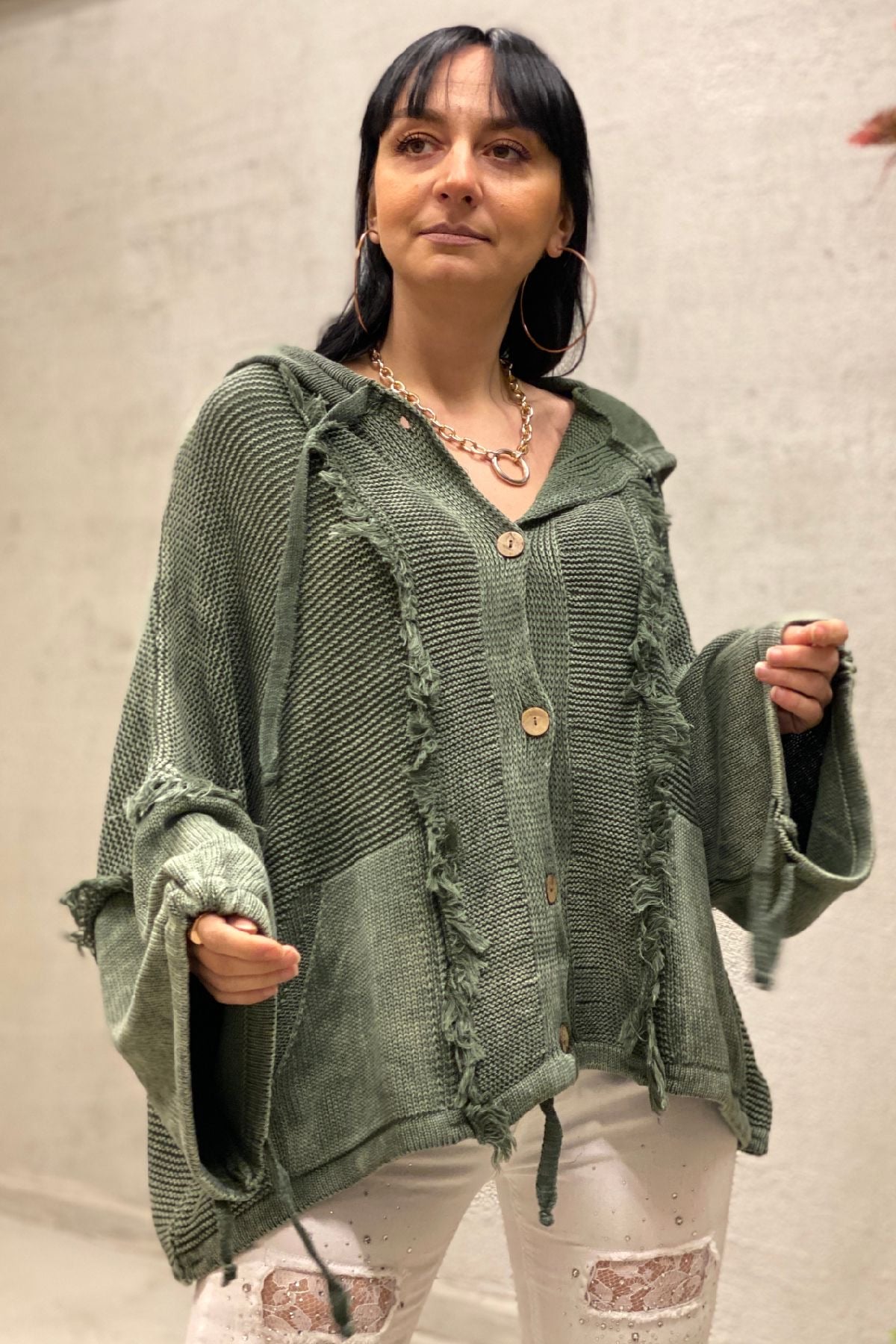 Hooded Tassel Button Bat Cardigan
