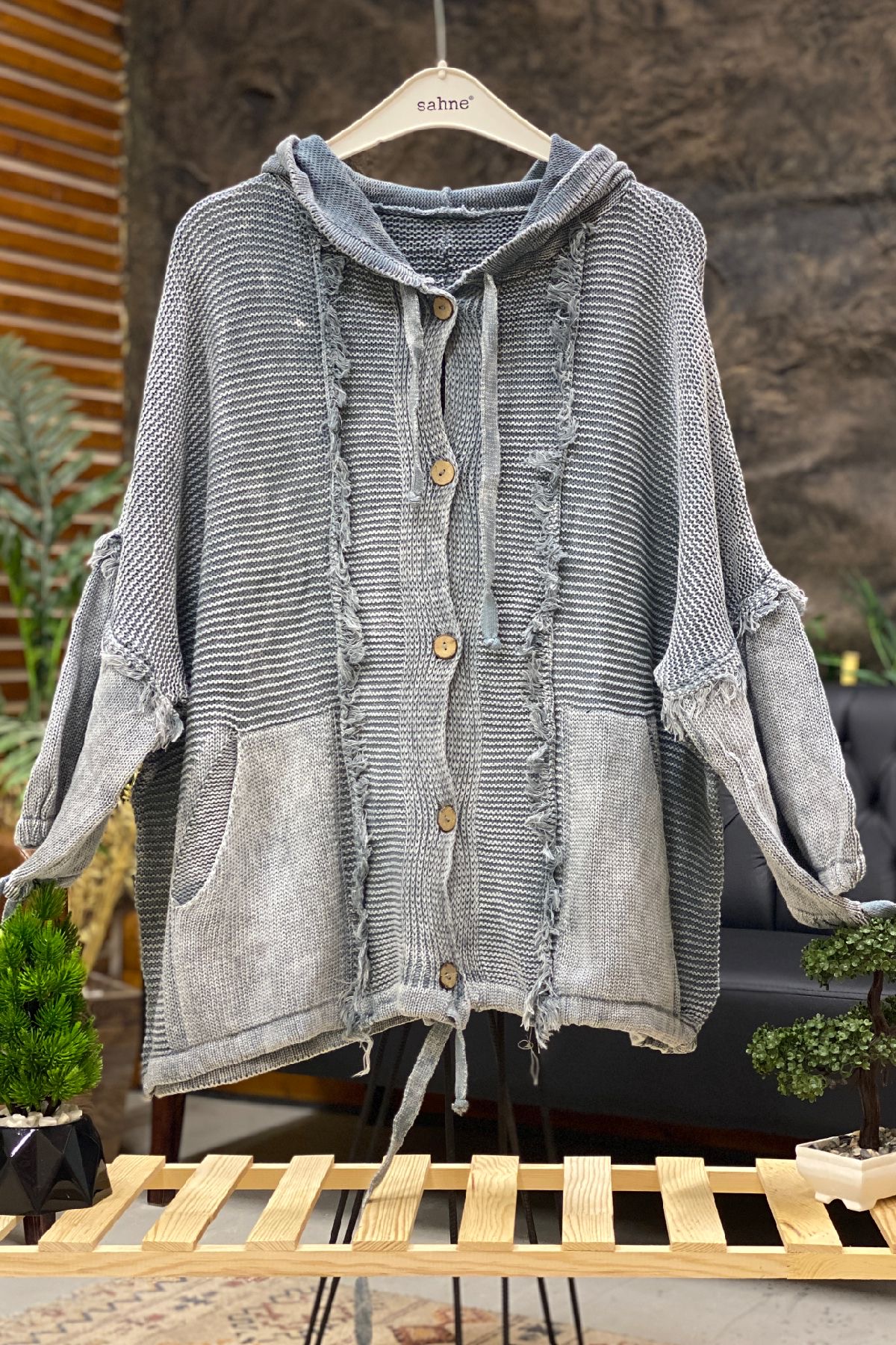 Hooded Tassel Button Bat Cardigan