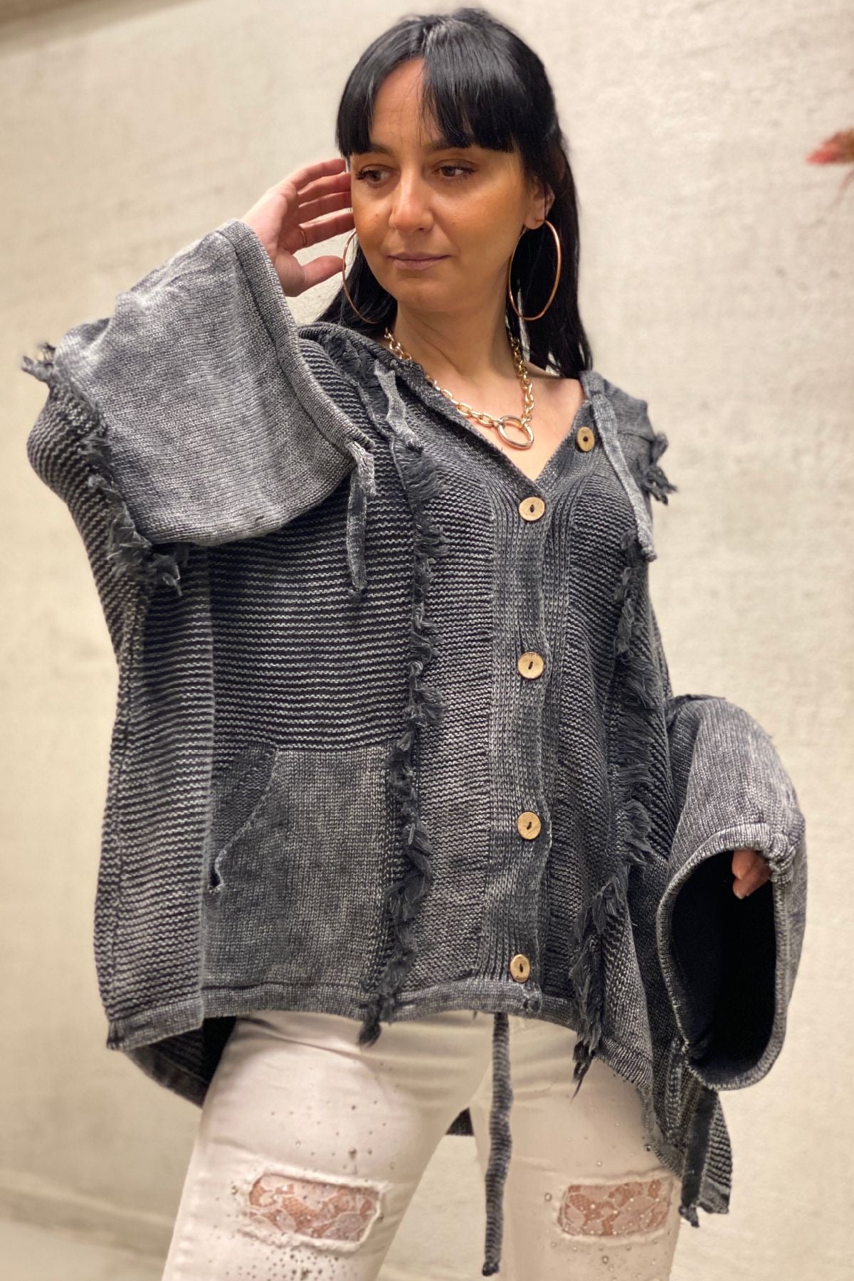 Hooded Tassel Button Bat Cardigan