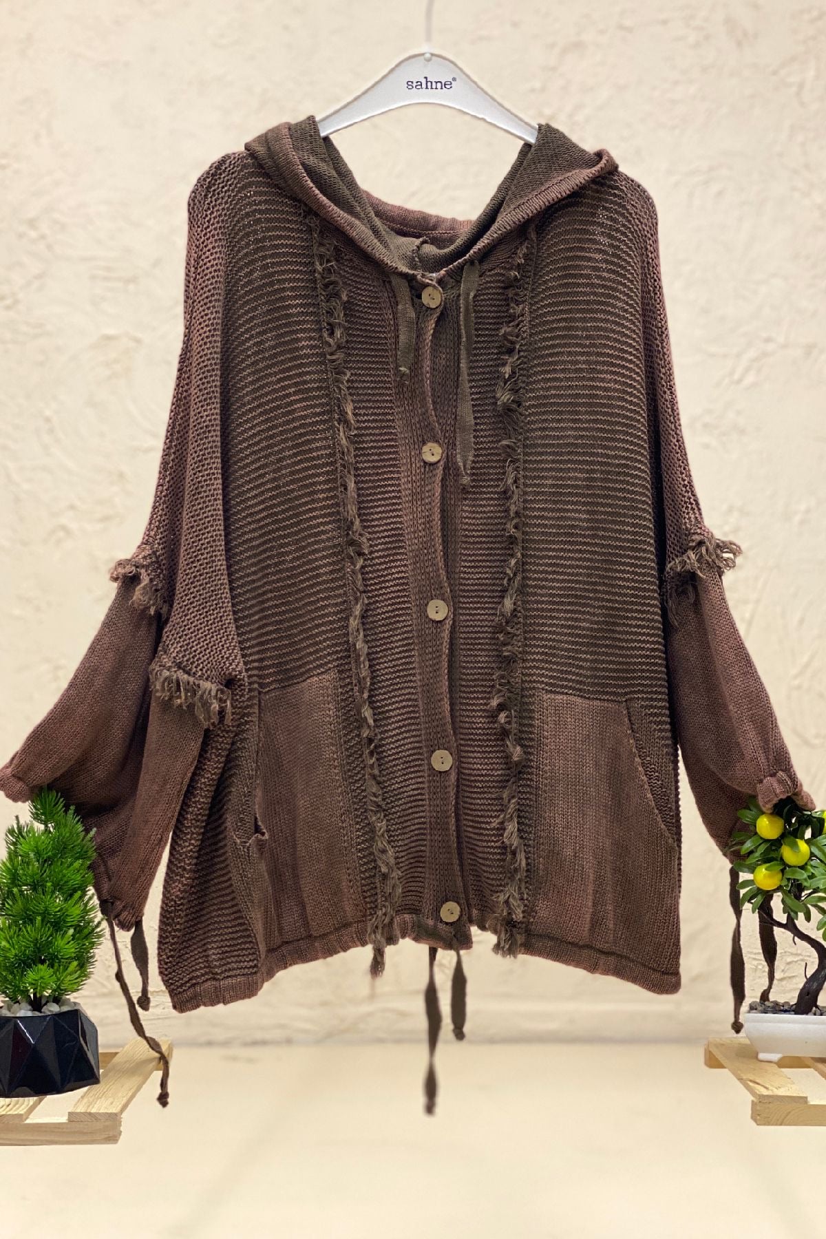Hooded Tassel Button Bat Cardigan