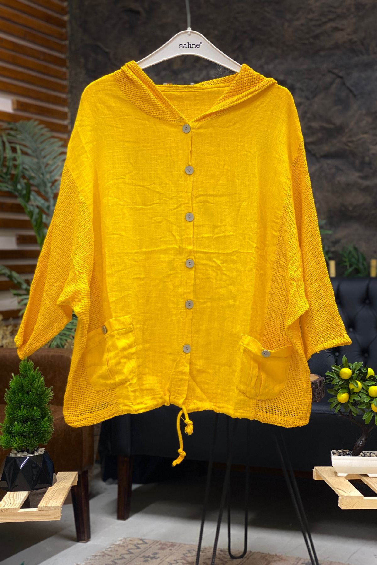 Linen Shirt with Hood Pocket Mesh Buttons