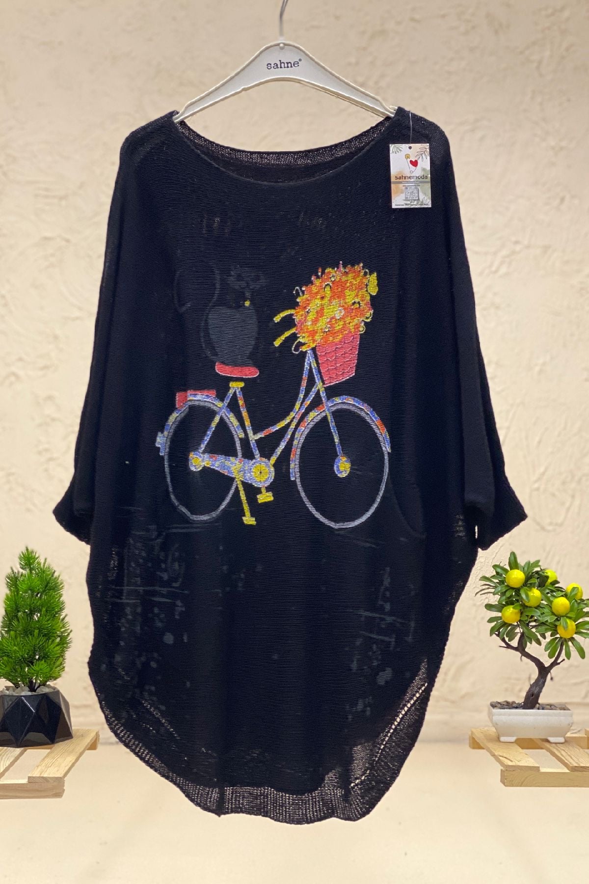Cat and Bicycle Print Bat Mercerized Blouse