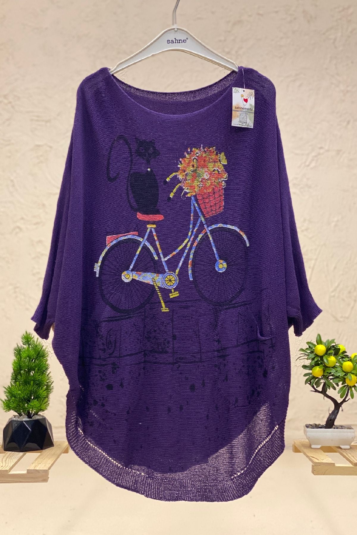 Cat and Bicycle Print Bat Mercerized Blouse