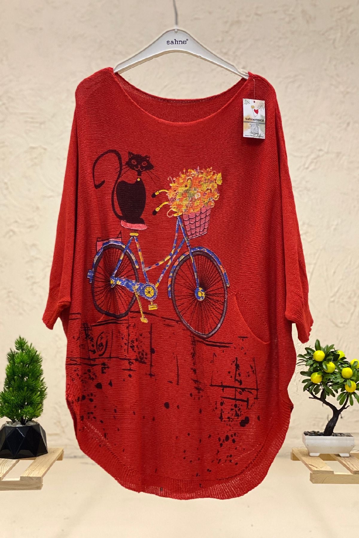 Cat and Bicycle Print Bat Mercerized Blouse