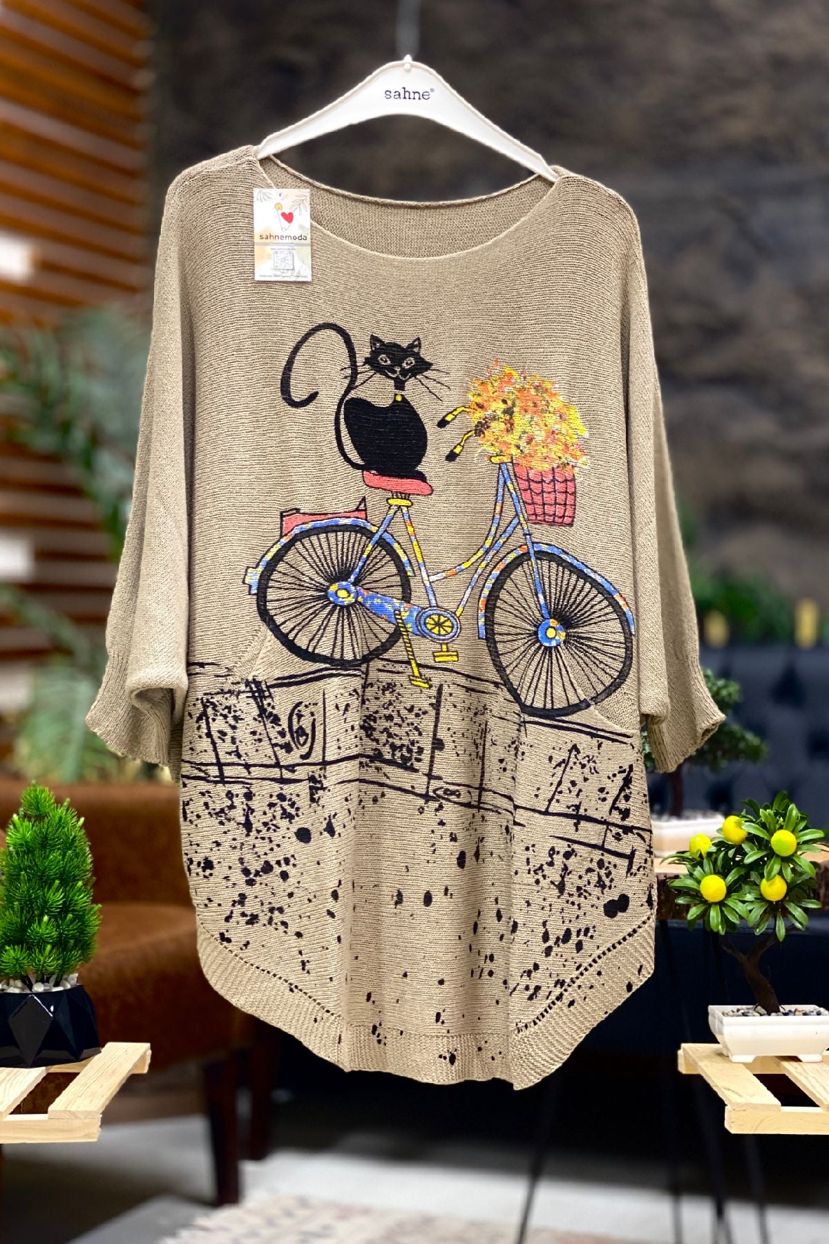 Cat and Bicycle Print Bat Mercerized Blouse