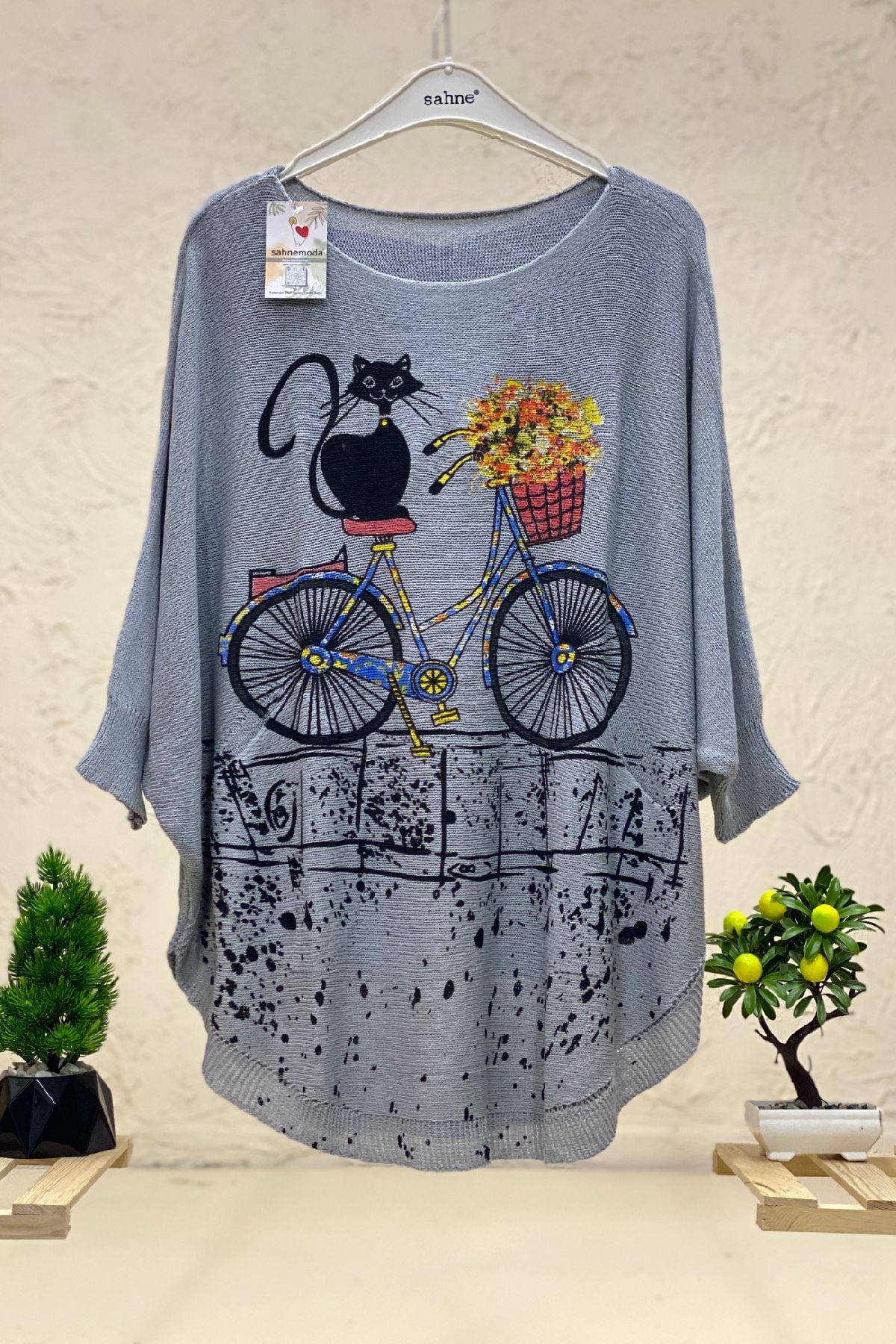 Cat and Bicycle Print Bat Mercerized Blouse