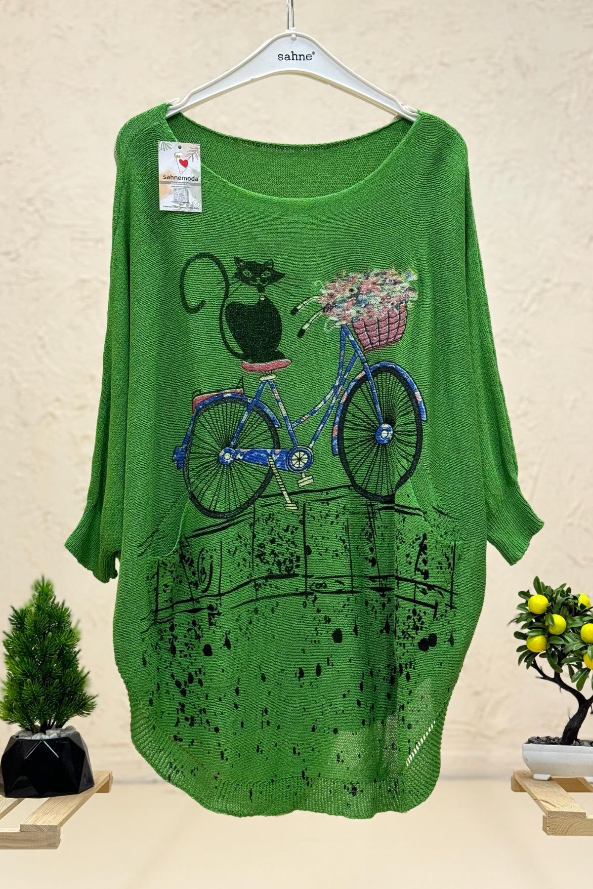 Kedi Ve Bisiklet Baskı Yarasa Merserize Bluz