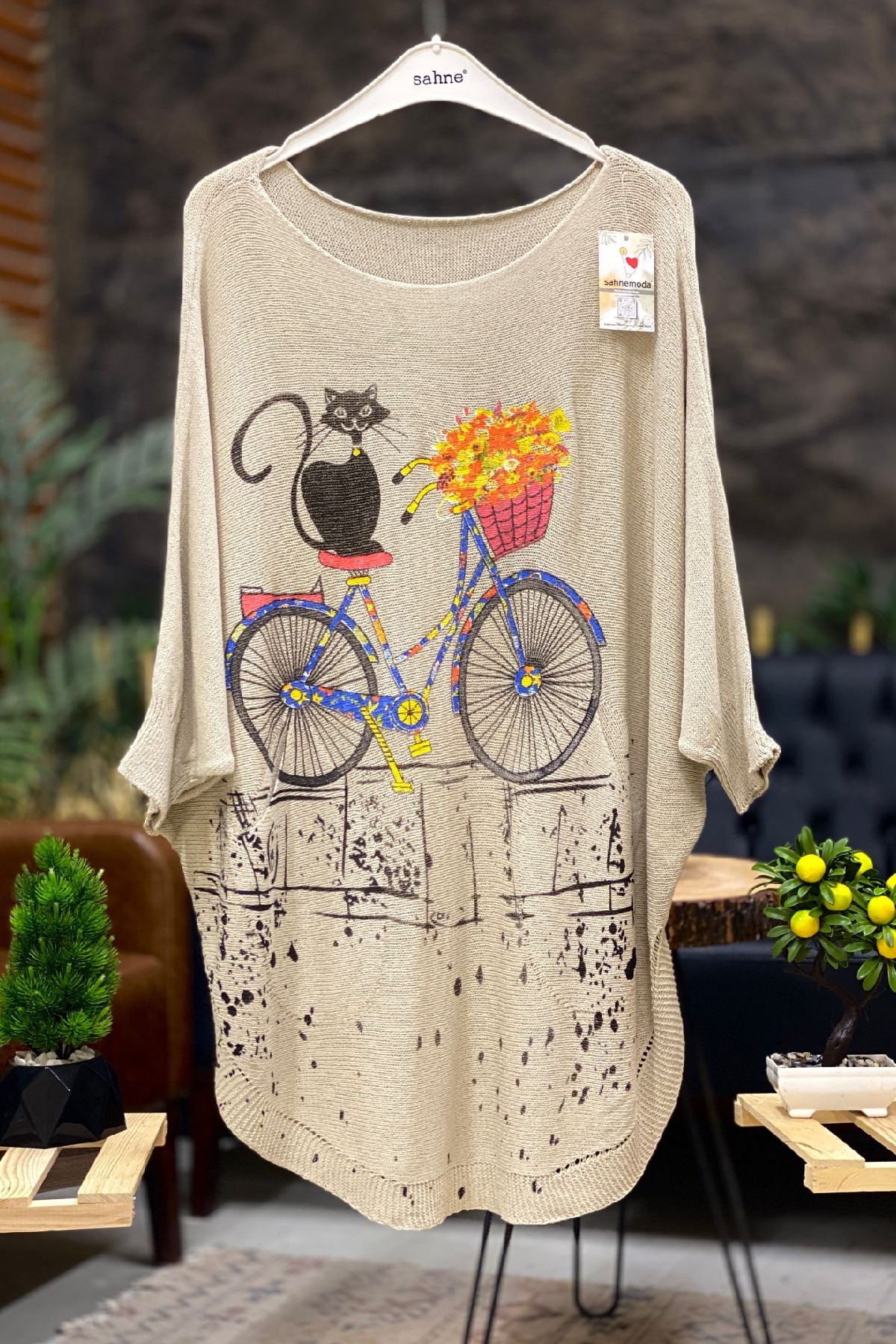 Cat and Bicycle Print Bat Mercerized Blouse