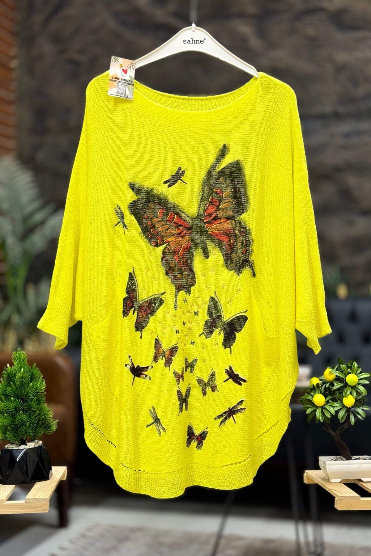 Kelebek Baskı Yarasa Merserize Cepli Bluz