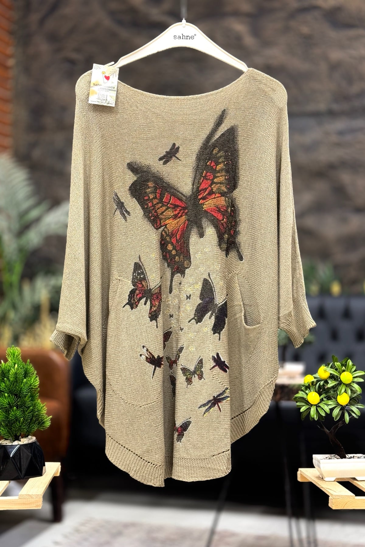 Kelebek Baskı Yarasa Merserize Cepli Bluz