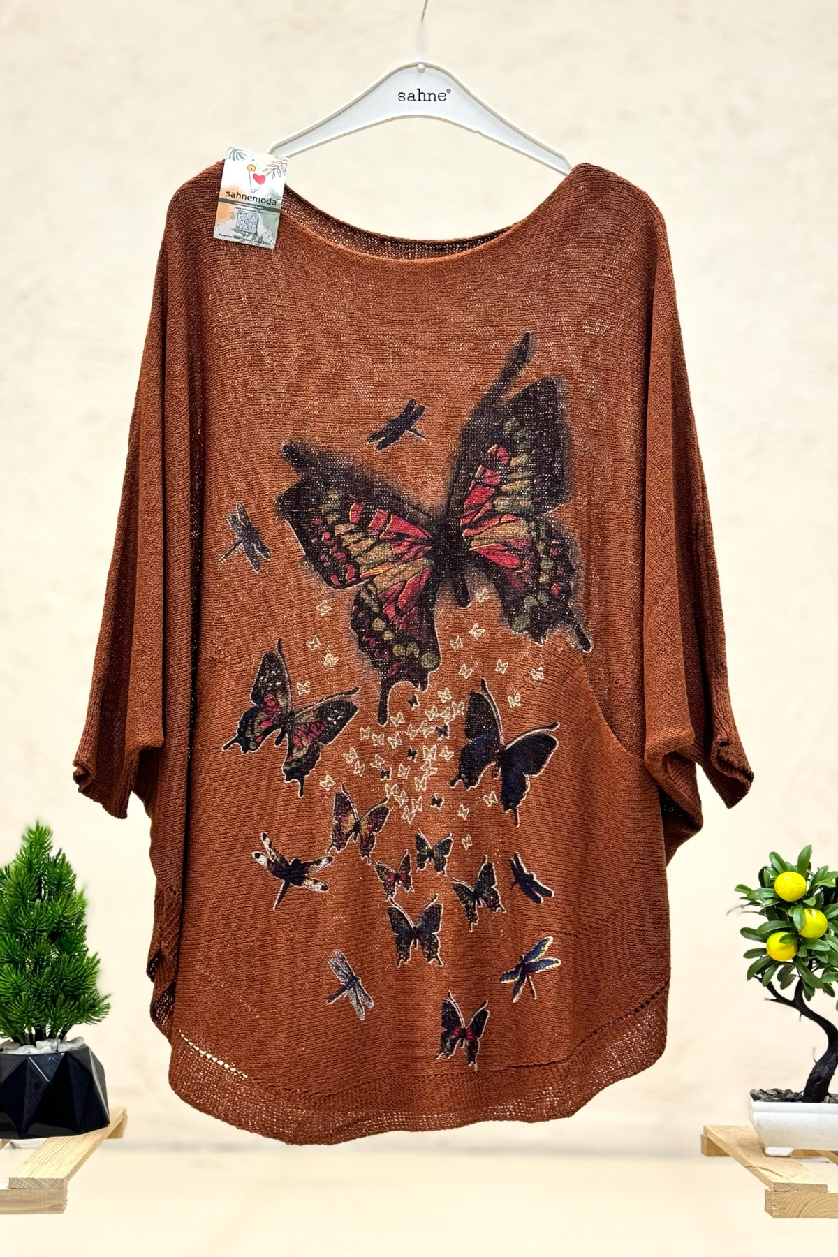 Kelebek Baskı Yarasa Merserize Cepli Bluz