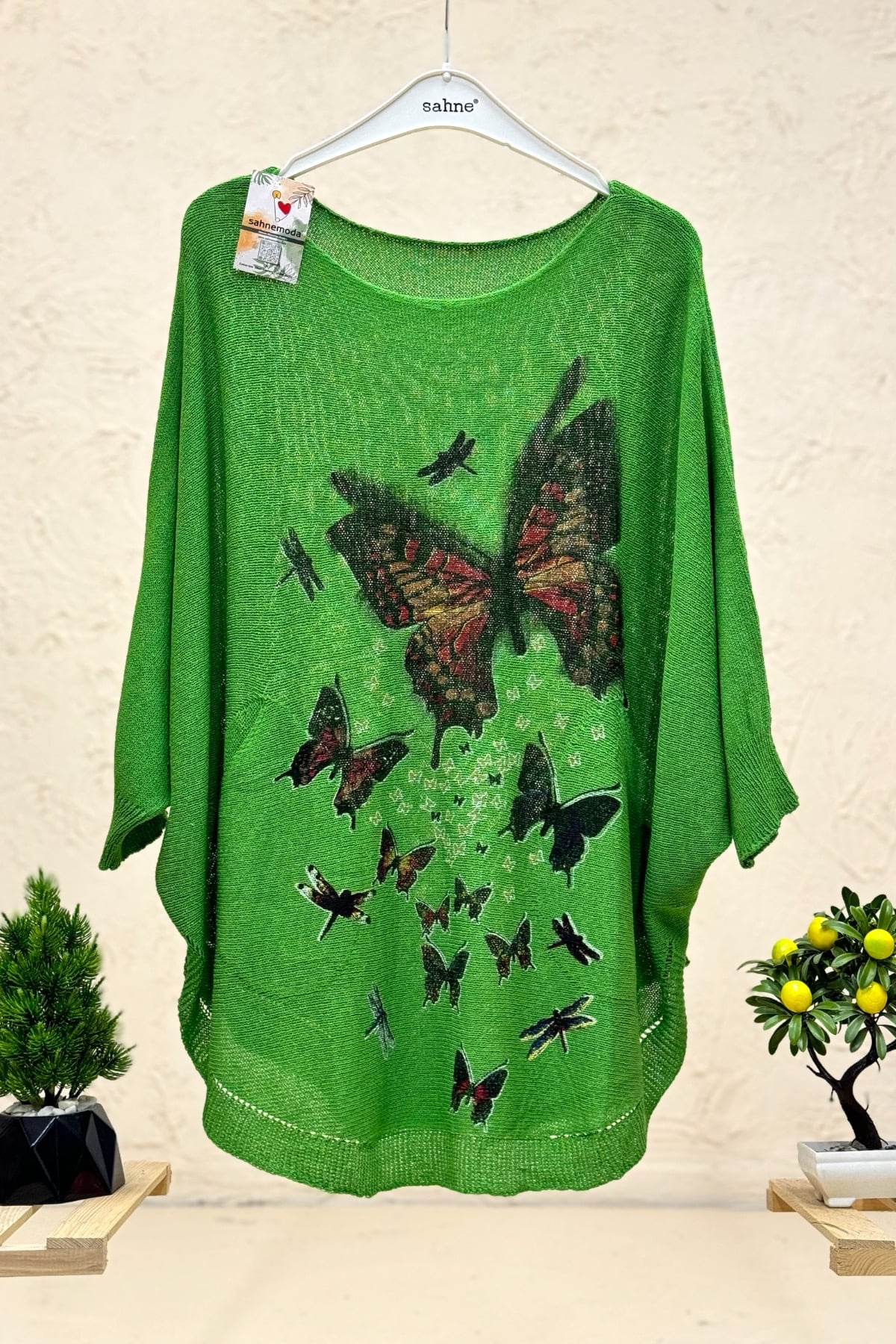 Kelebek Baskı Yarasa Merserize Cepli Bluz