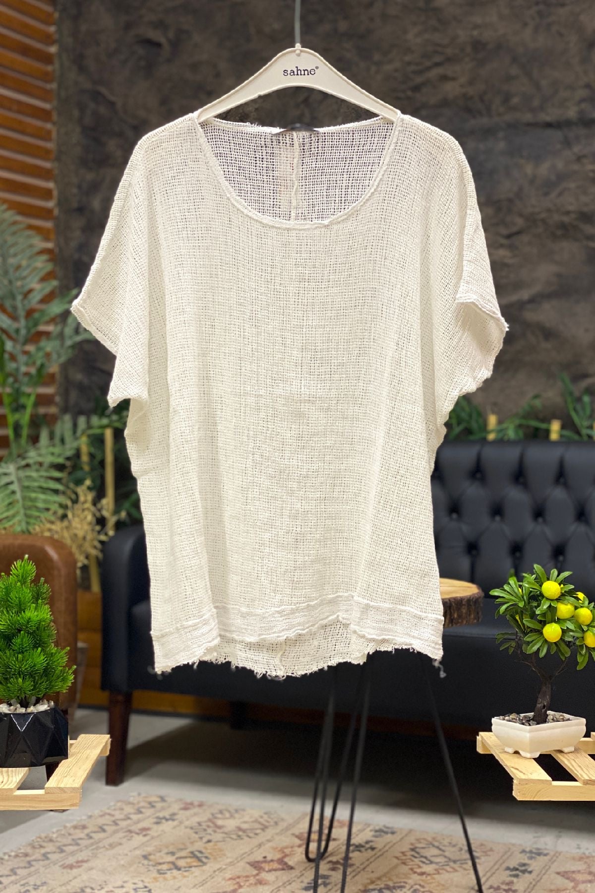 Short Sleeve Front Short Mesh Detail Blouse