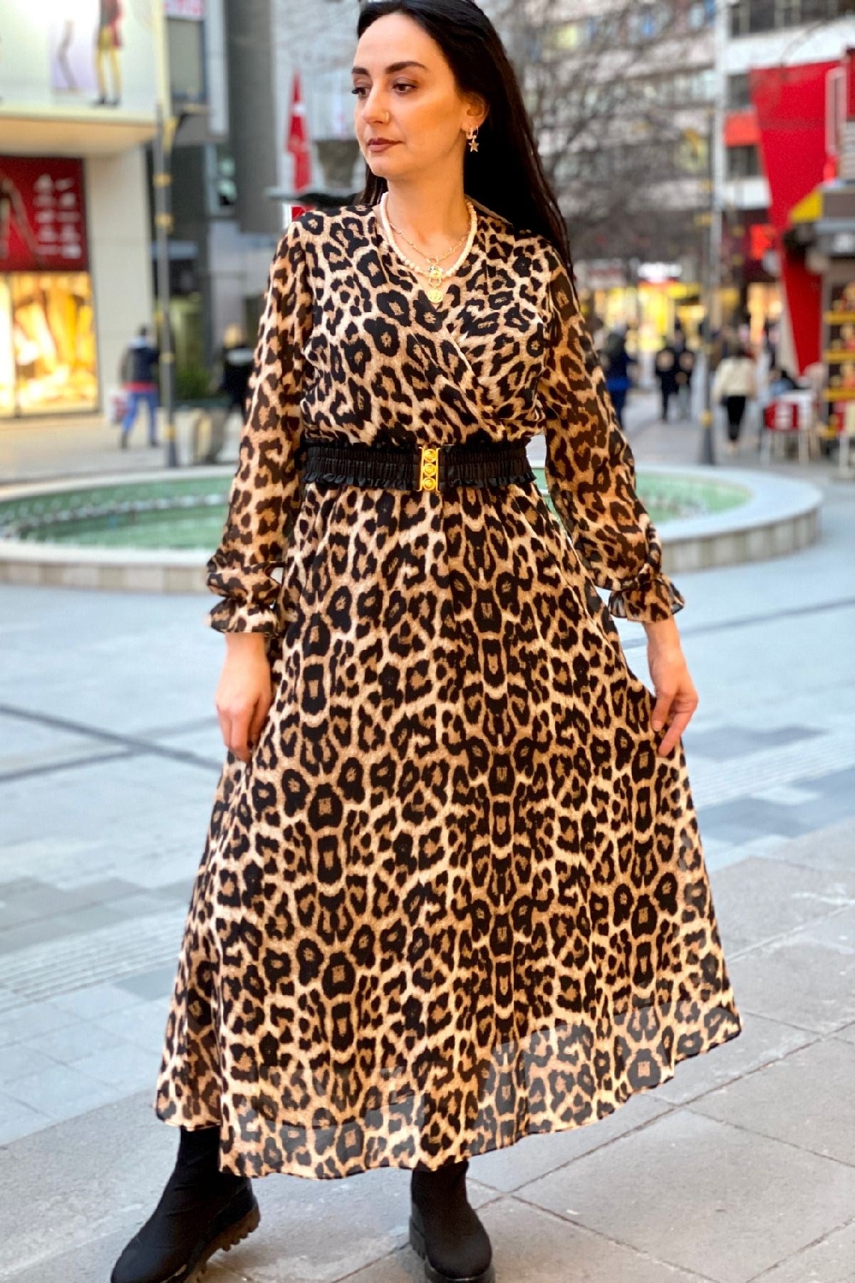 Kruvaze Leopar Desen Elbise