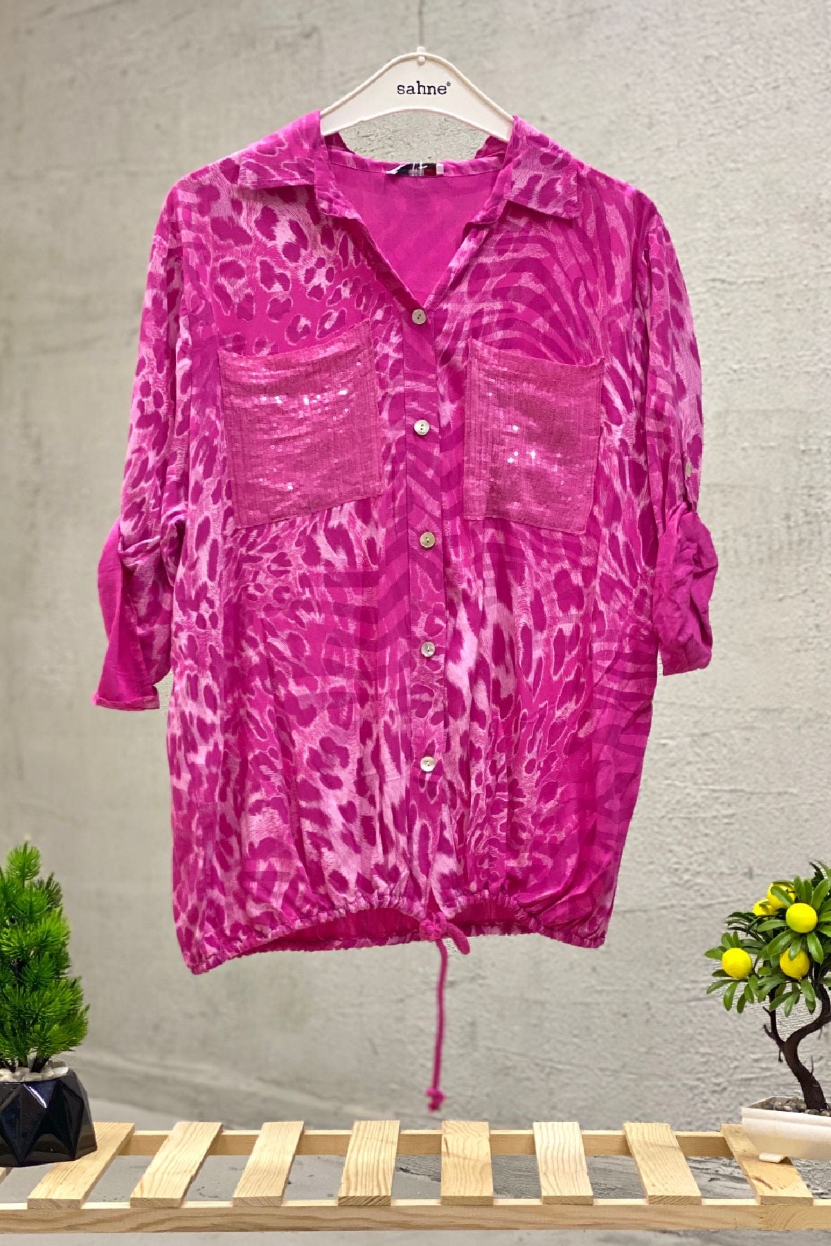Leopard Print Sequin Detailed Voile Shirt