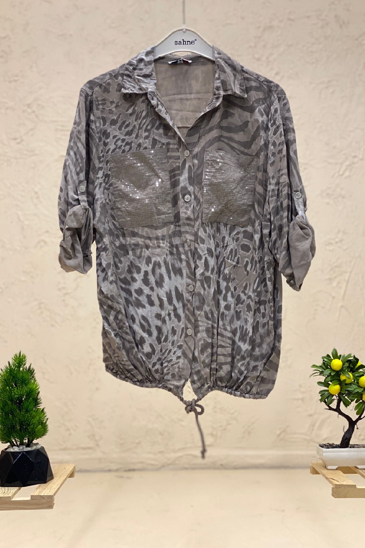 Leopard Print Sequin Detailed Voile Shirt