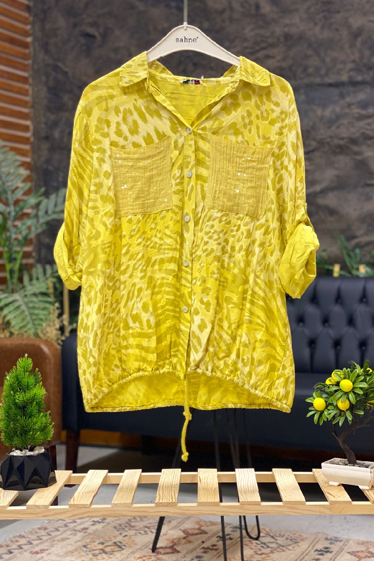 Leopard Print Sequin Detailed Voile Shirt