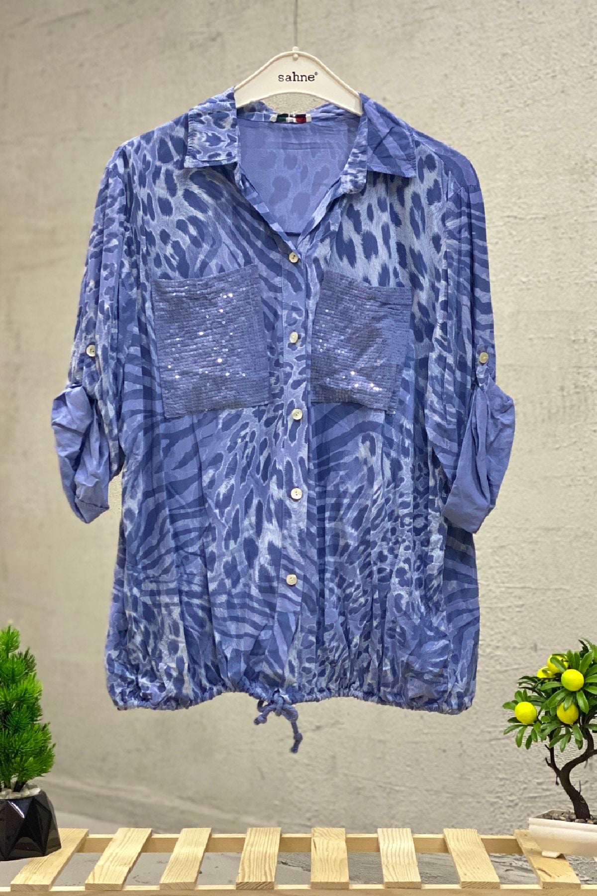 Leopard Print Sequin Detailed Voile Shirt