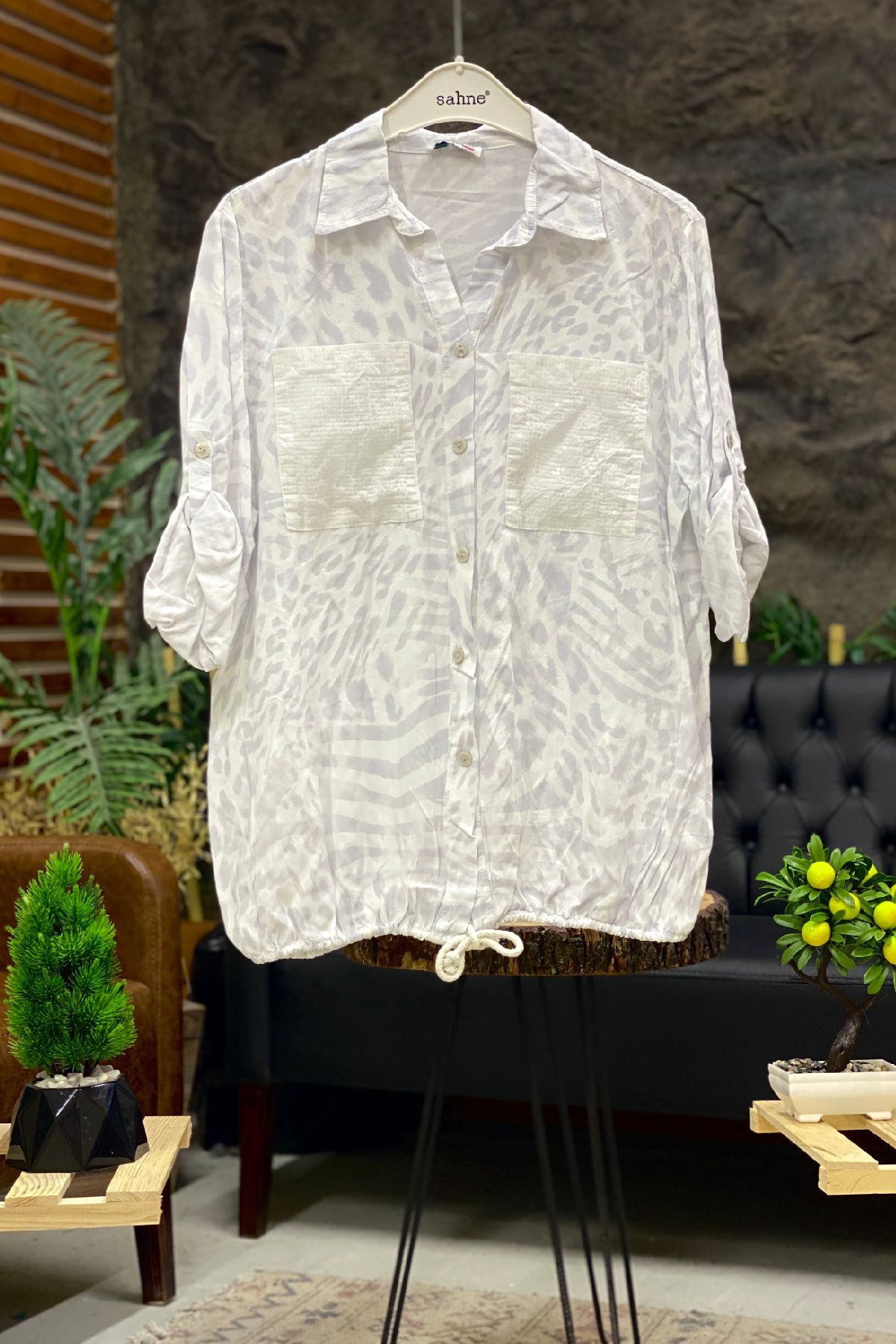Leopard Print Sequin Detailed Voile Shirt