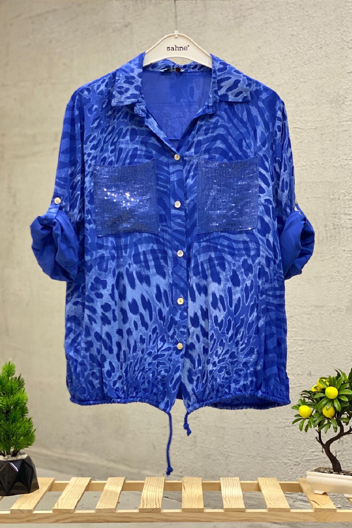 Leopard Print Sequin Detailed Voile Shirt
