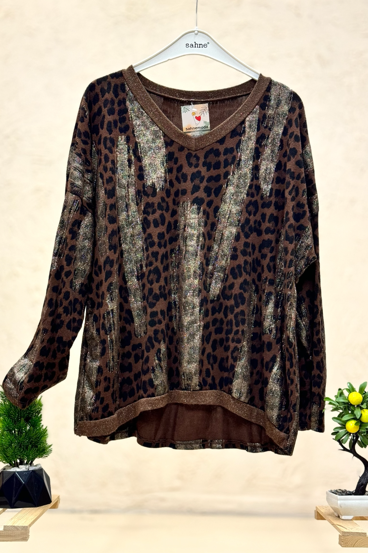 Leopar Desen V Yaka Simli İthal Bluz