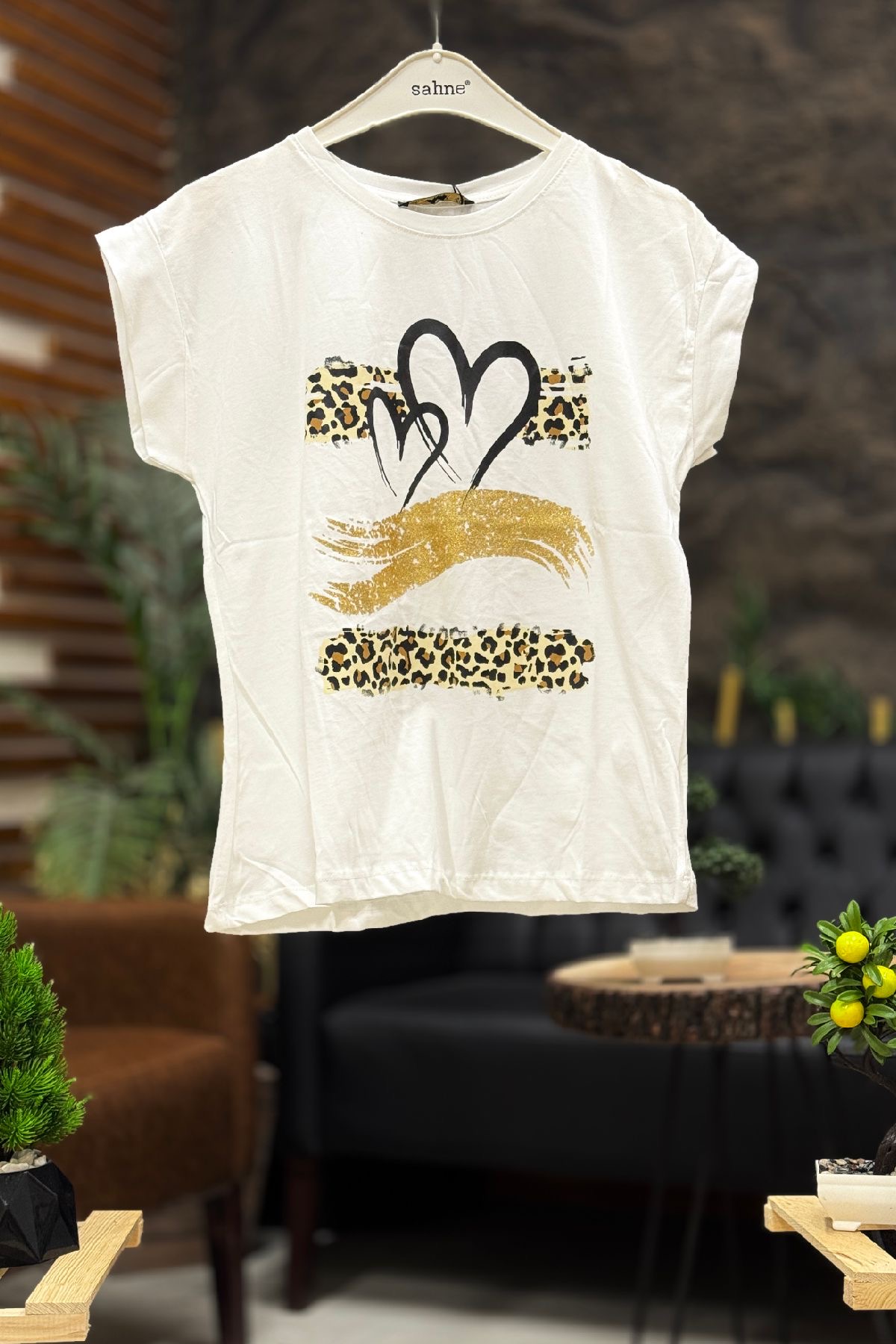 Leopar Gol Baskılı Kısa Kol Penye Tshirt