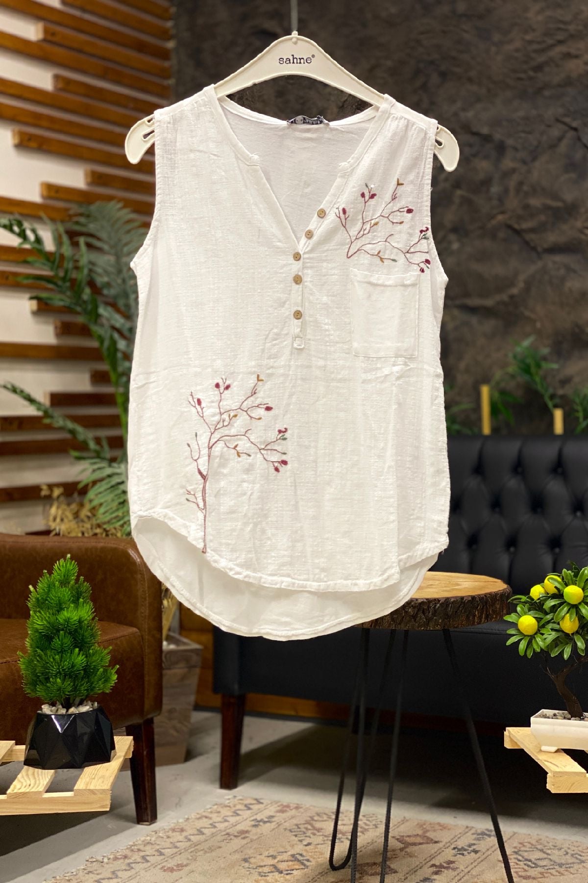 Embroidered Sleeveless Linen Blouse