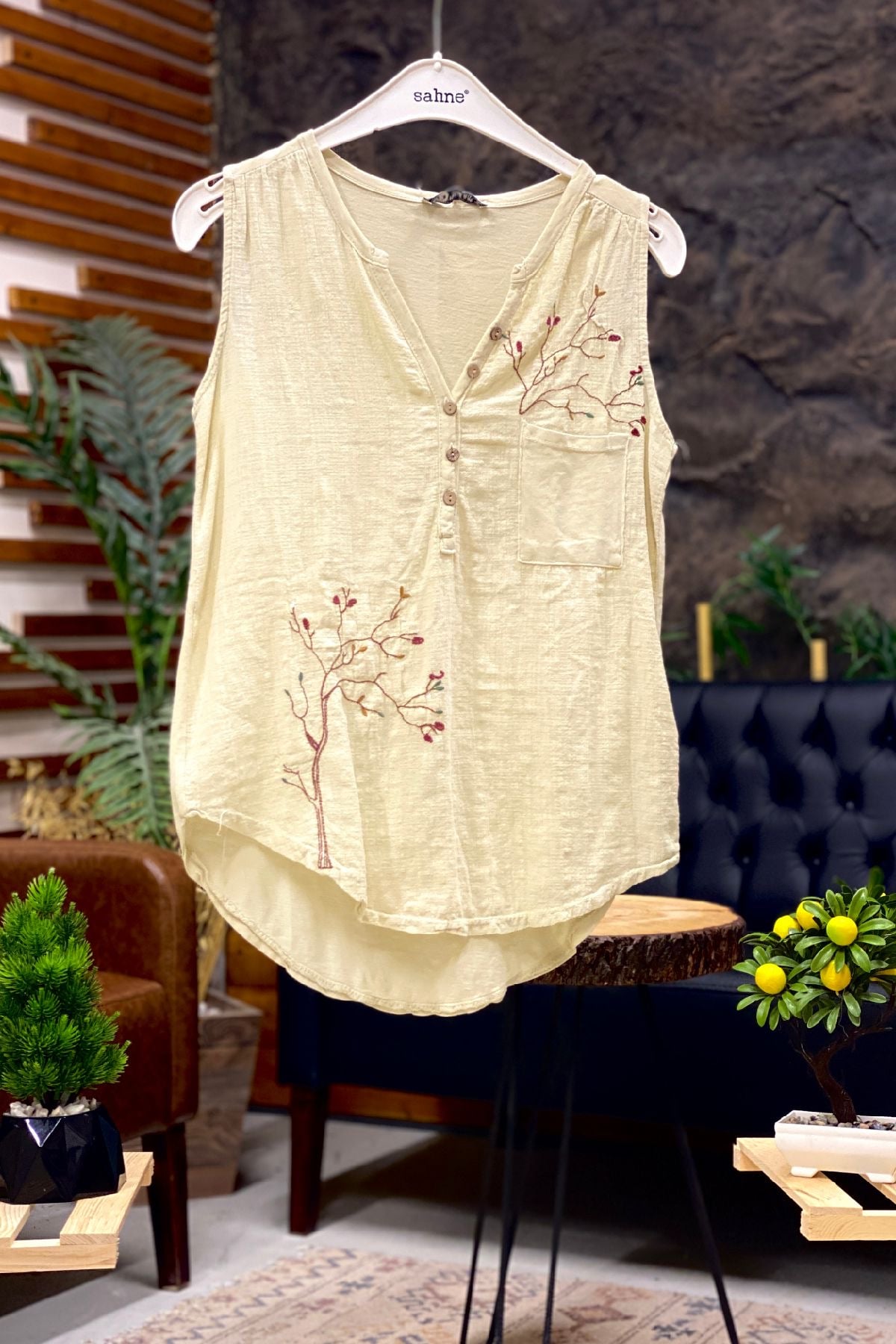 Embroidered Sleeveless Linen Blouse