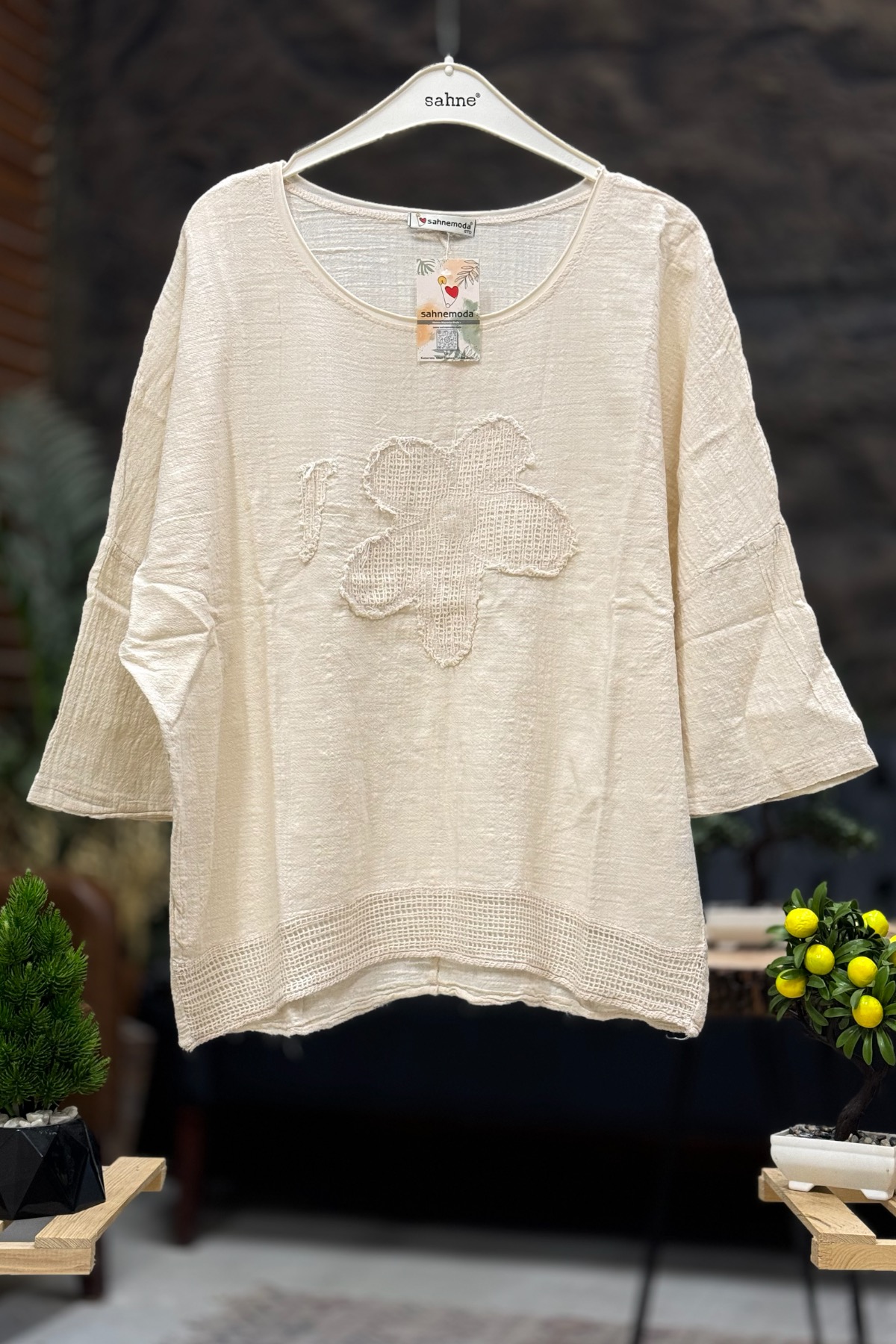 Papatya Pullu Kapri Kol Salaş Keten Bluz