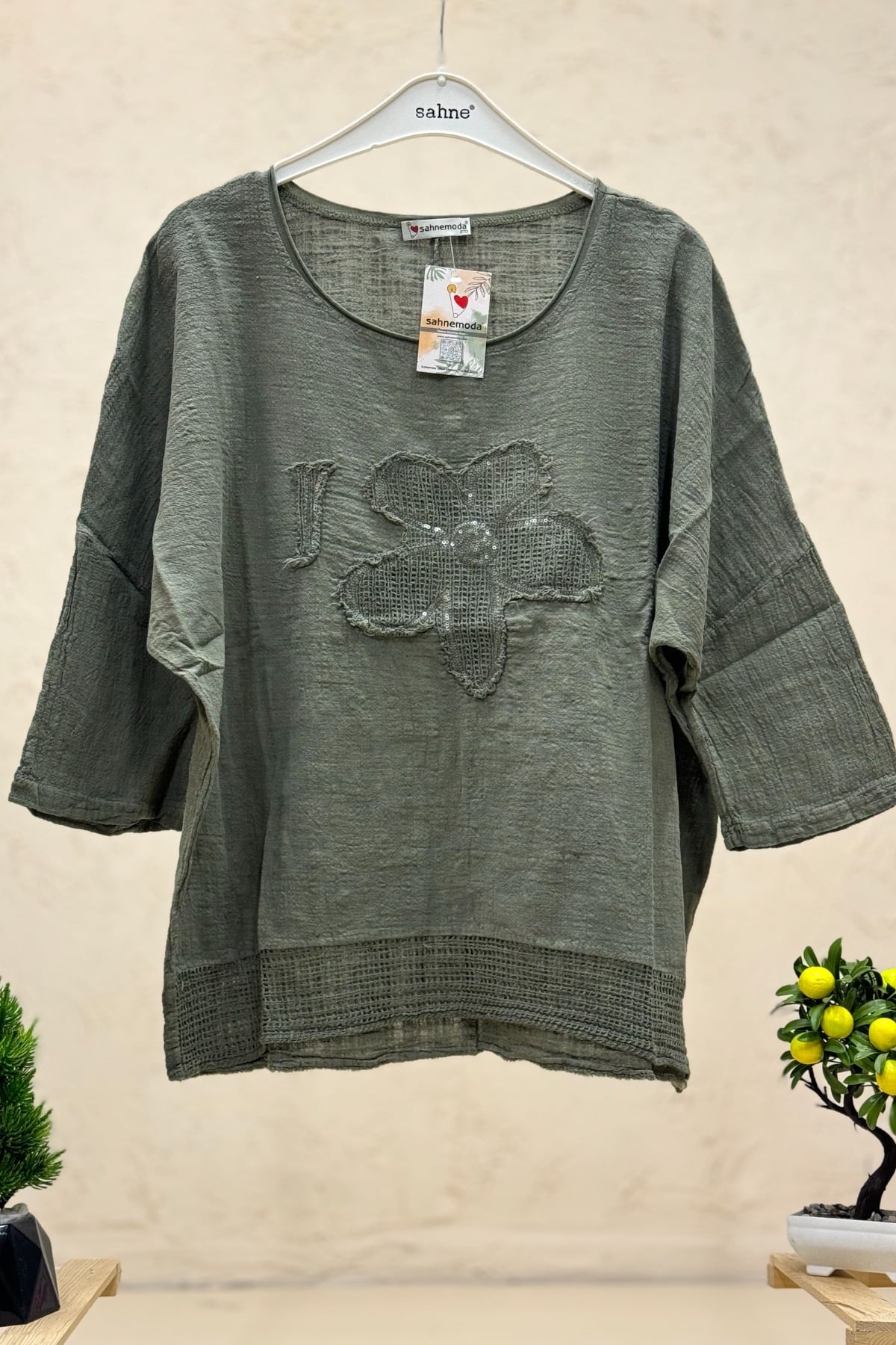 Papatya Pullu Kapri Kol Salaş Keten Bluz