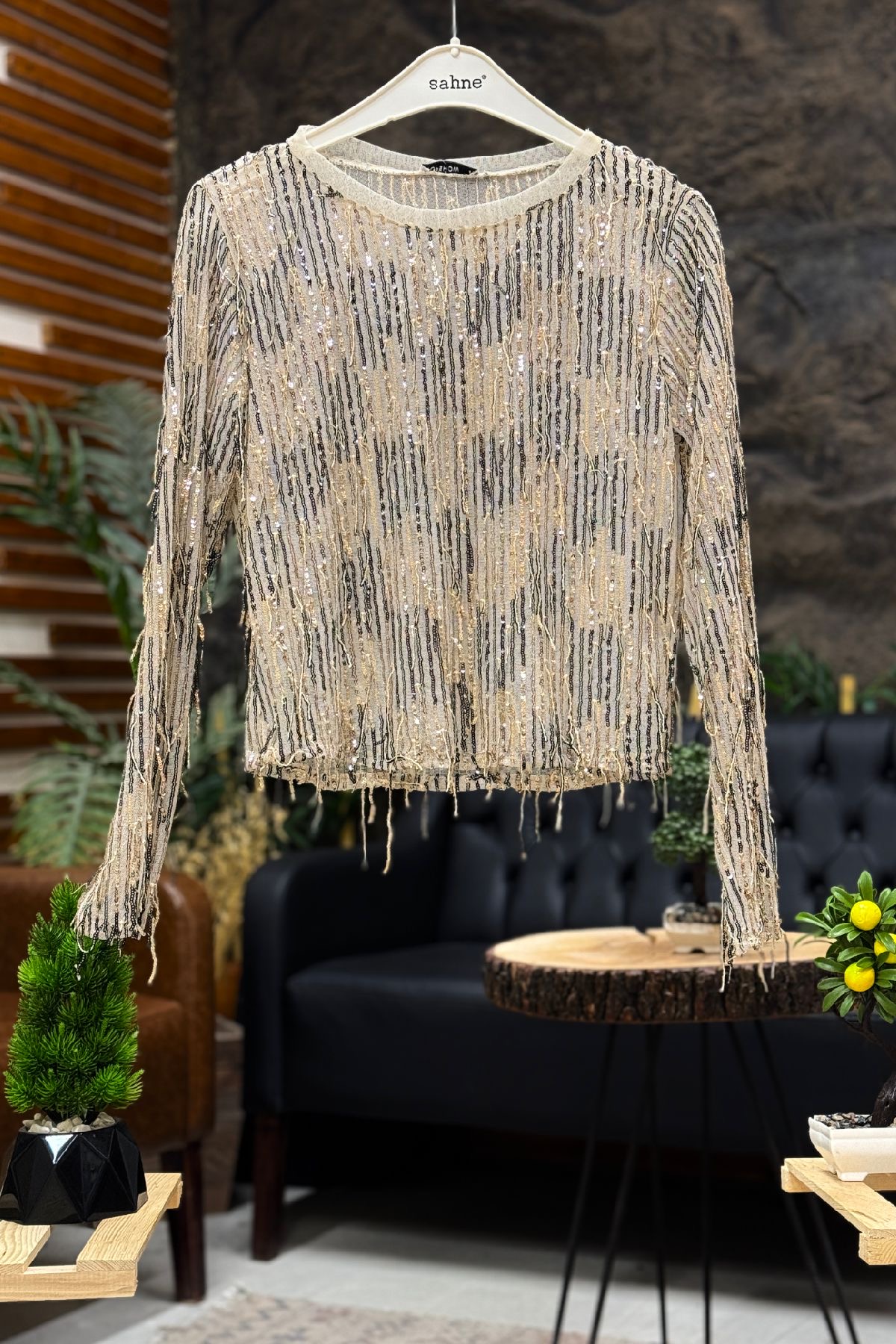 Sequined Haired Long Sleeve Tulle Blouse