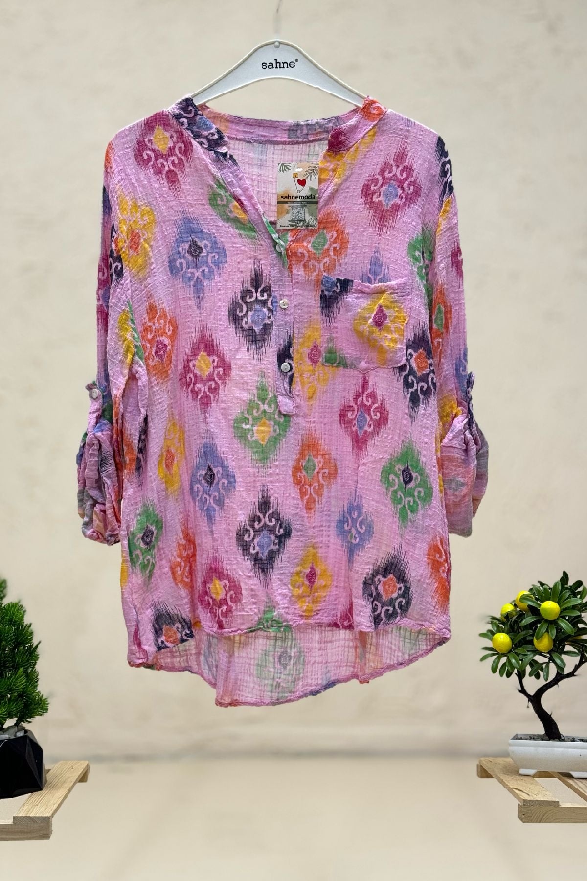 Seramik Desen Hakim Yaka İthal Keten Bluz