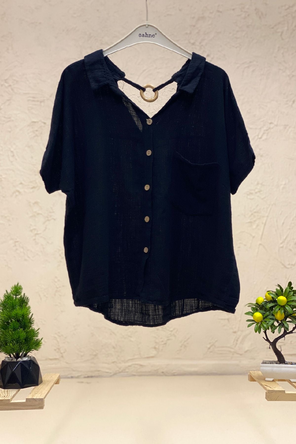 Shabby Linen Blouse with Back Wooden Loop Collar
