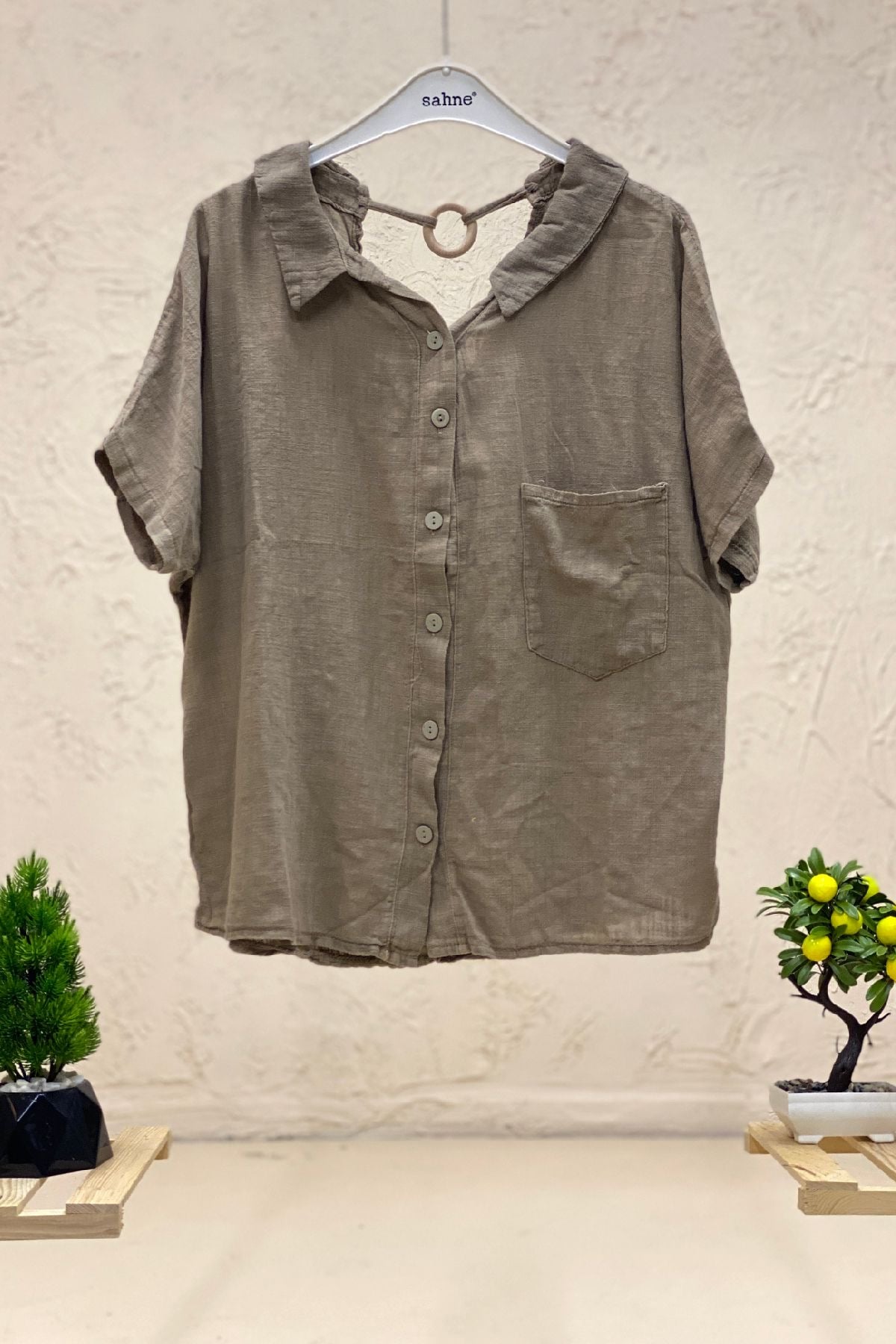 Shabby Linen Blouse with Back Wooden Loop Collar