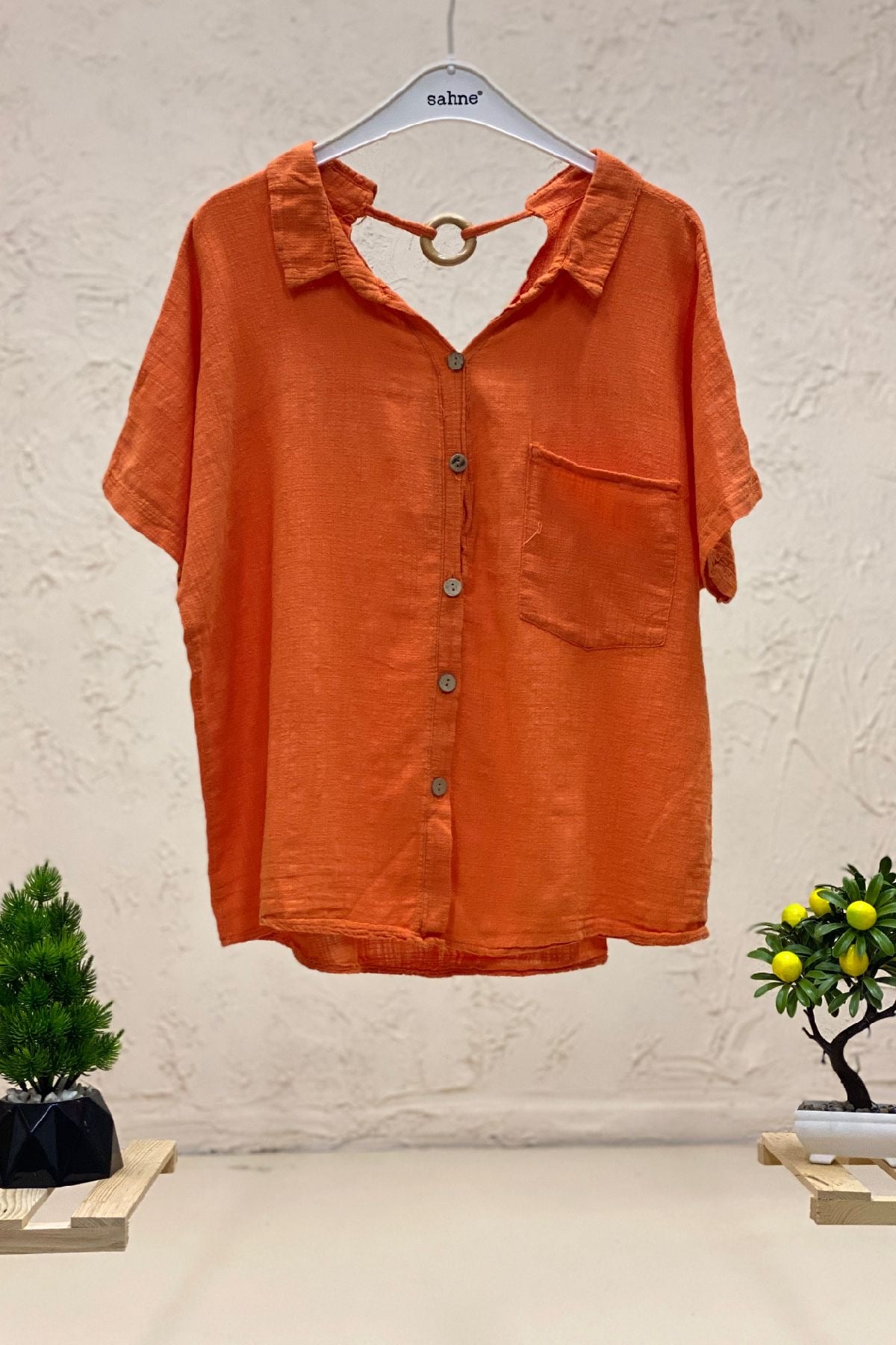Shabby Linen Blouse with Back Wooden Loop Collar