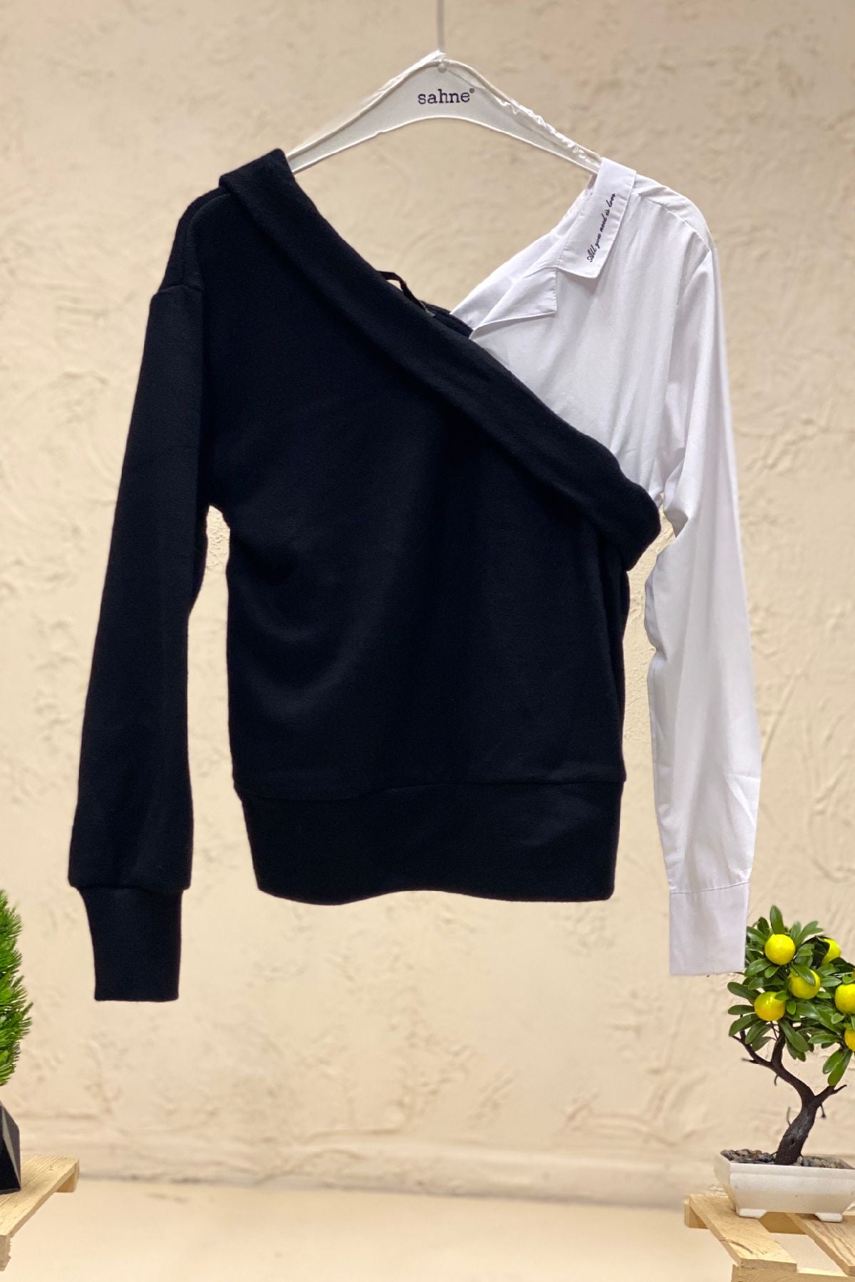 Voile Shirt Blouse with Knitwear Garnished