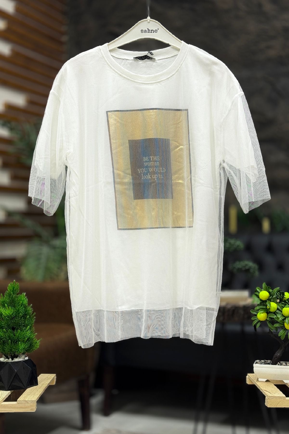 Tüllü Varak Baskı Oversize Tshirt