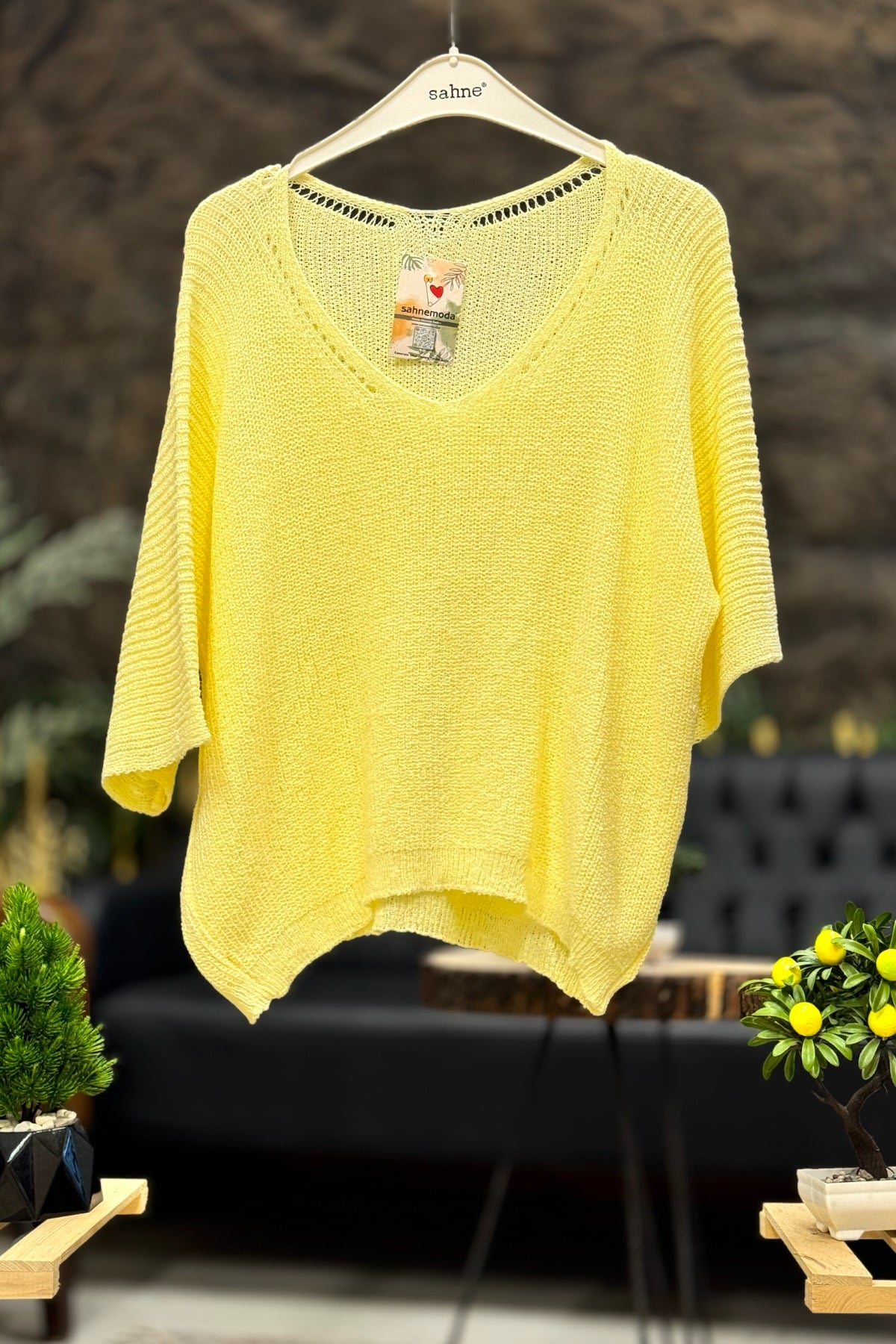 V Yaka Selanik Örgü Merserize Salaş Oversize Bluz