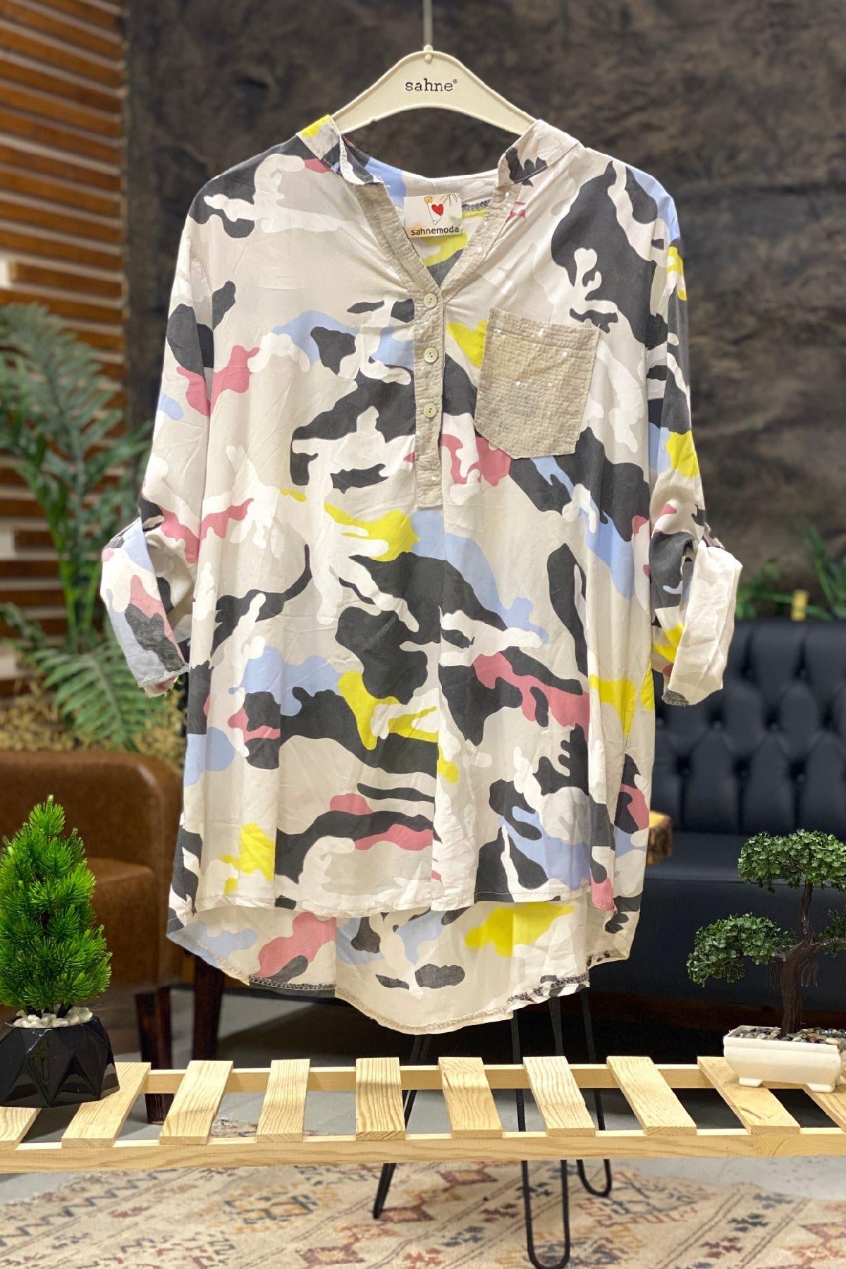 Camouflage Shirt with Collars Sequined Judge Collar Buttons