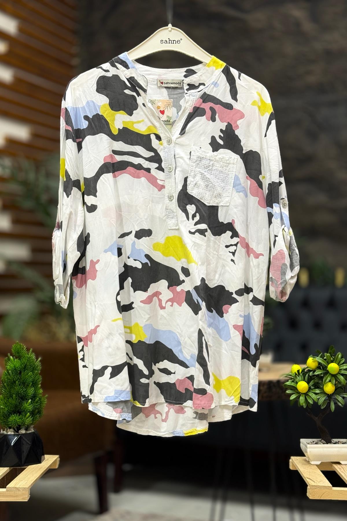 Yaka Pullu Hakim Yaka Düğmeli Kamuflaj Gömlek