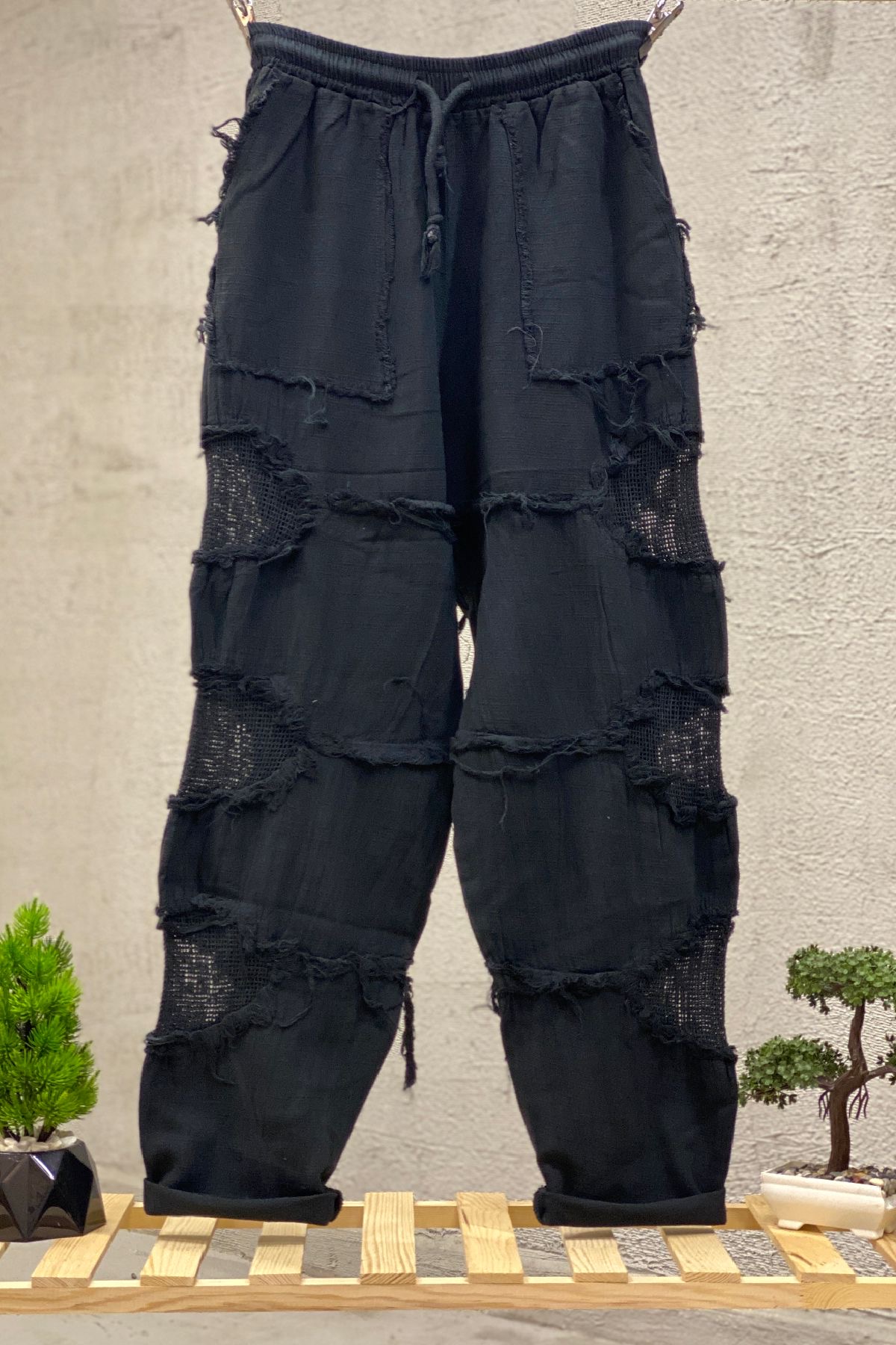 Linen Pants with Tassels with Side Mesh