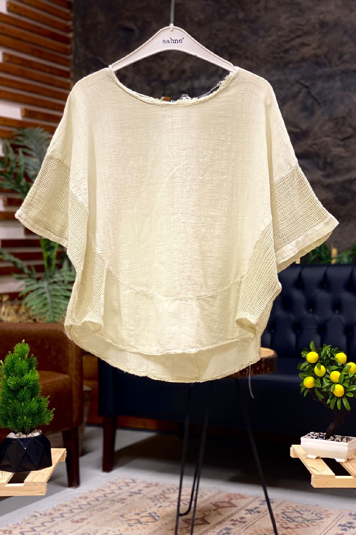Oval Cut Linen Blouse with Mesh on the Sides