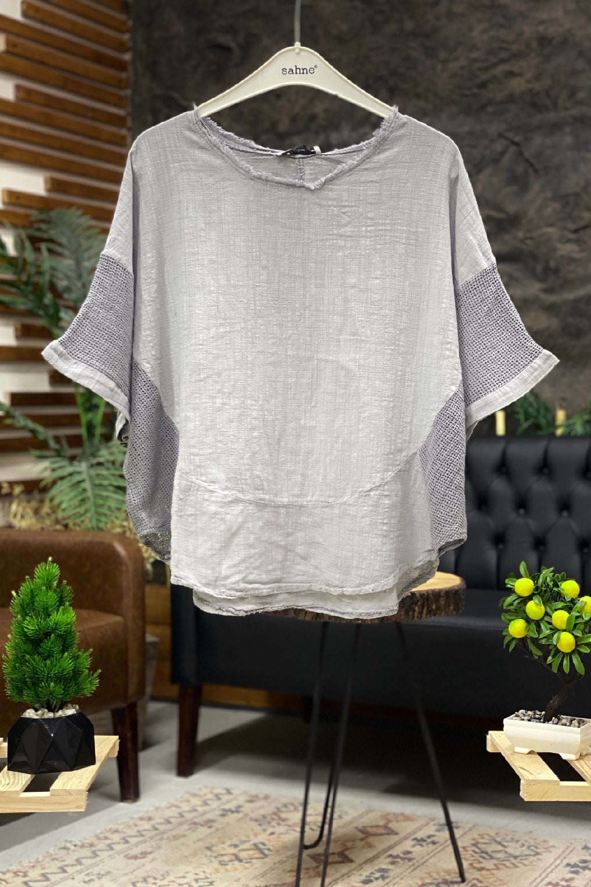 Oval Cut Linen Blouse with Mesh on the Sides
