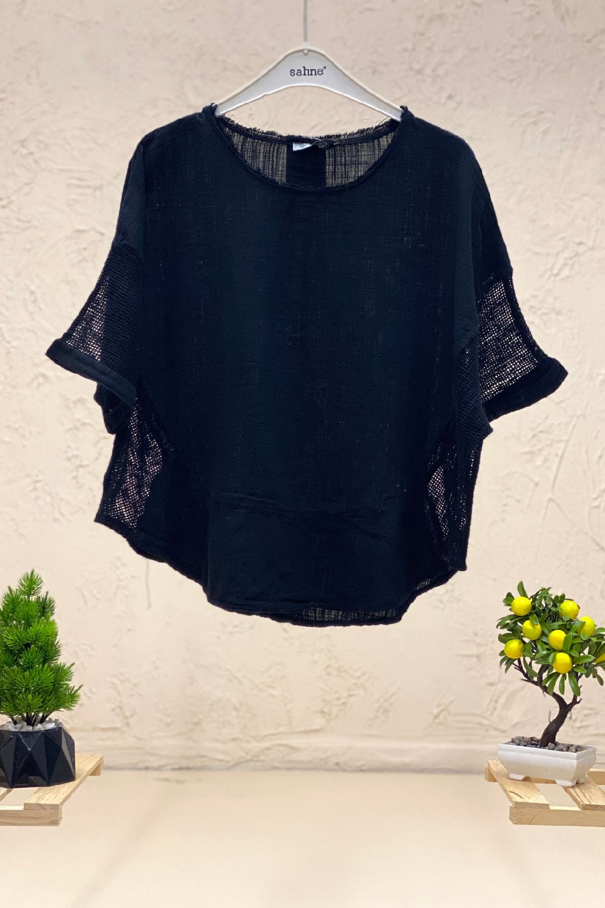 Oval Cut Linen Blouse with Mesh on the Sides