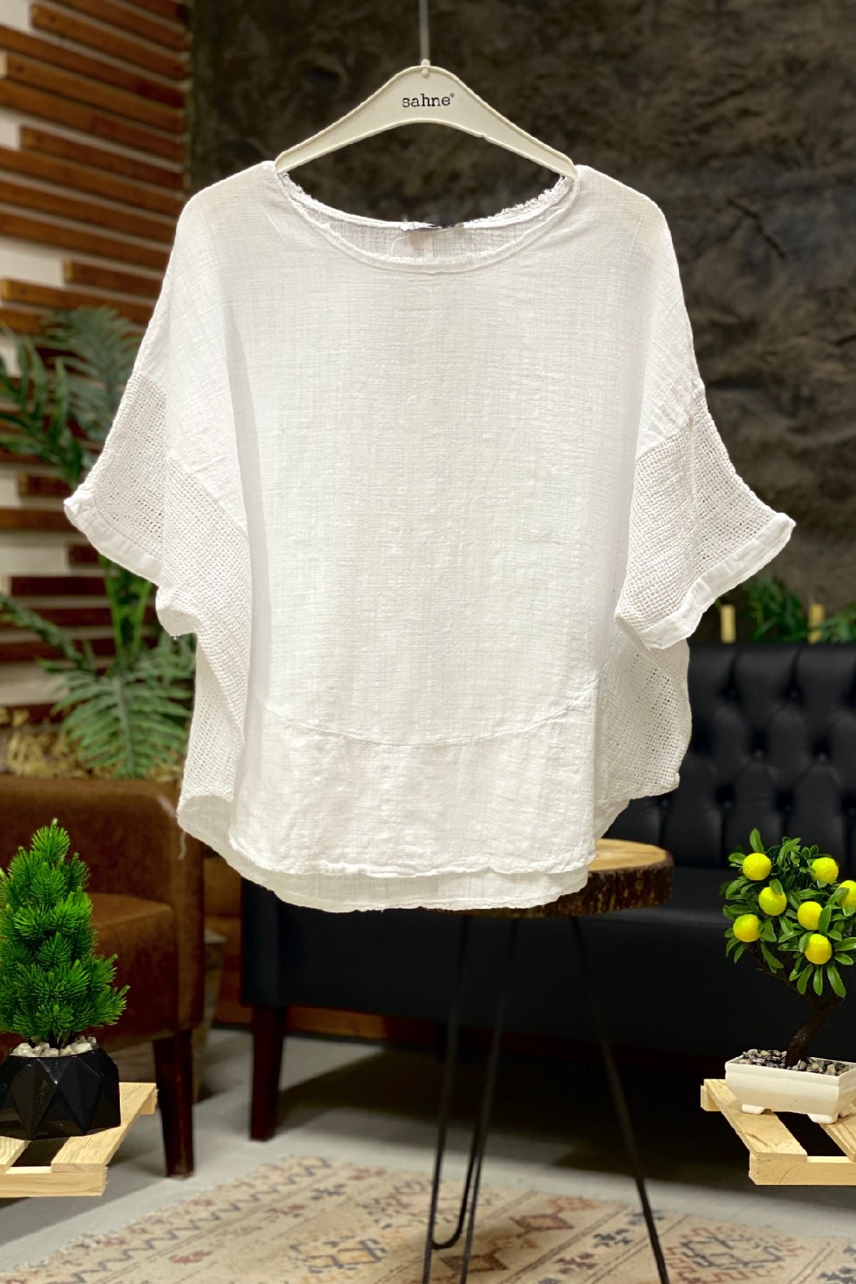 Oval Cut Linen Blouse with Mesh on the Sides