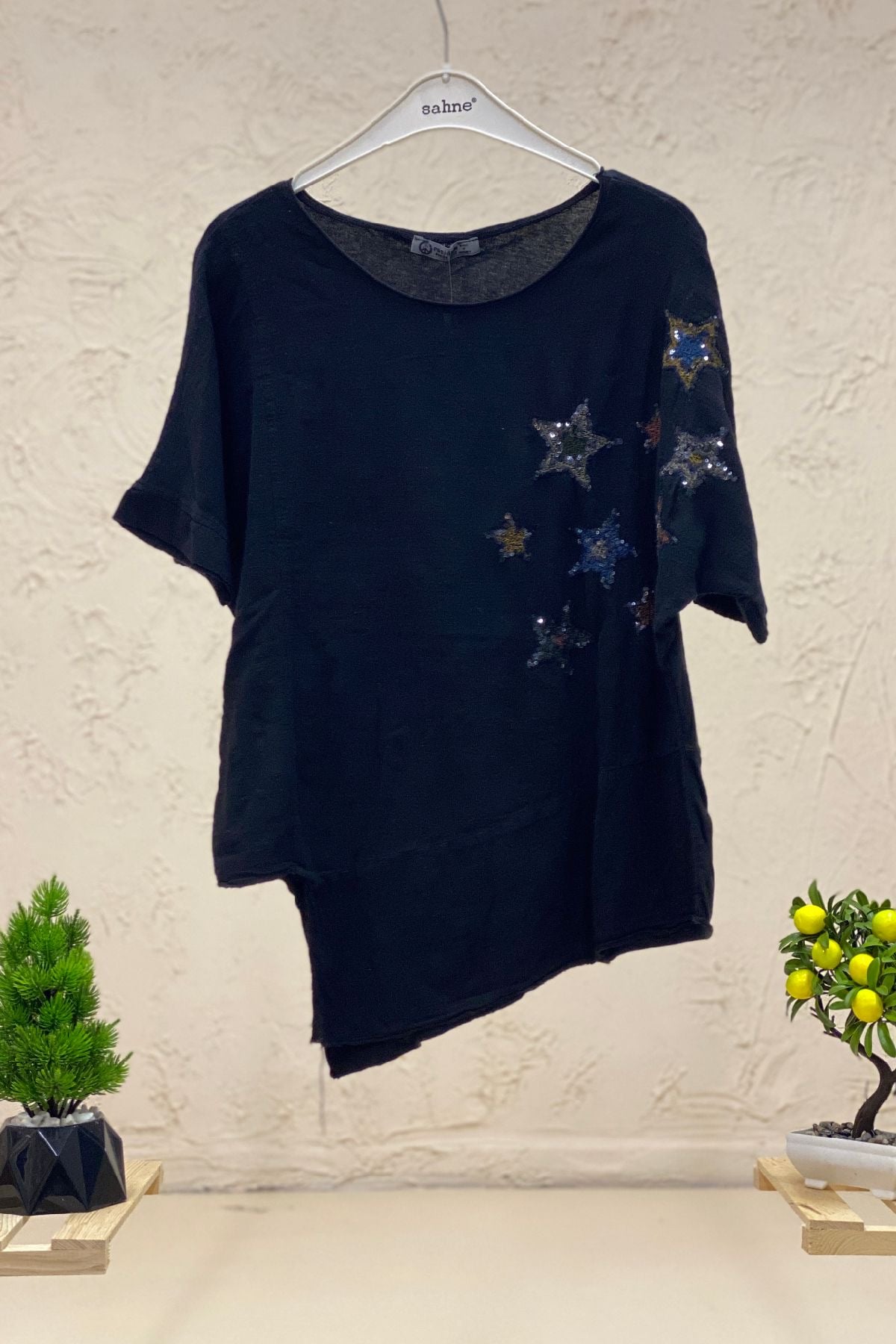 Star Sequin Short Sleeve Asymmetrical Linen Blouse